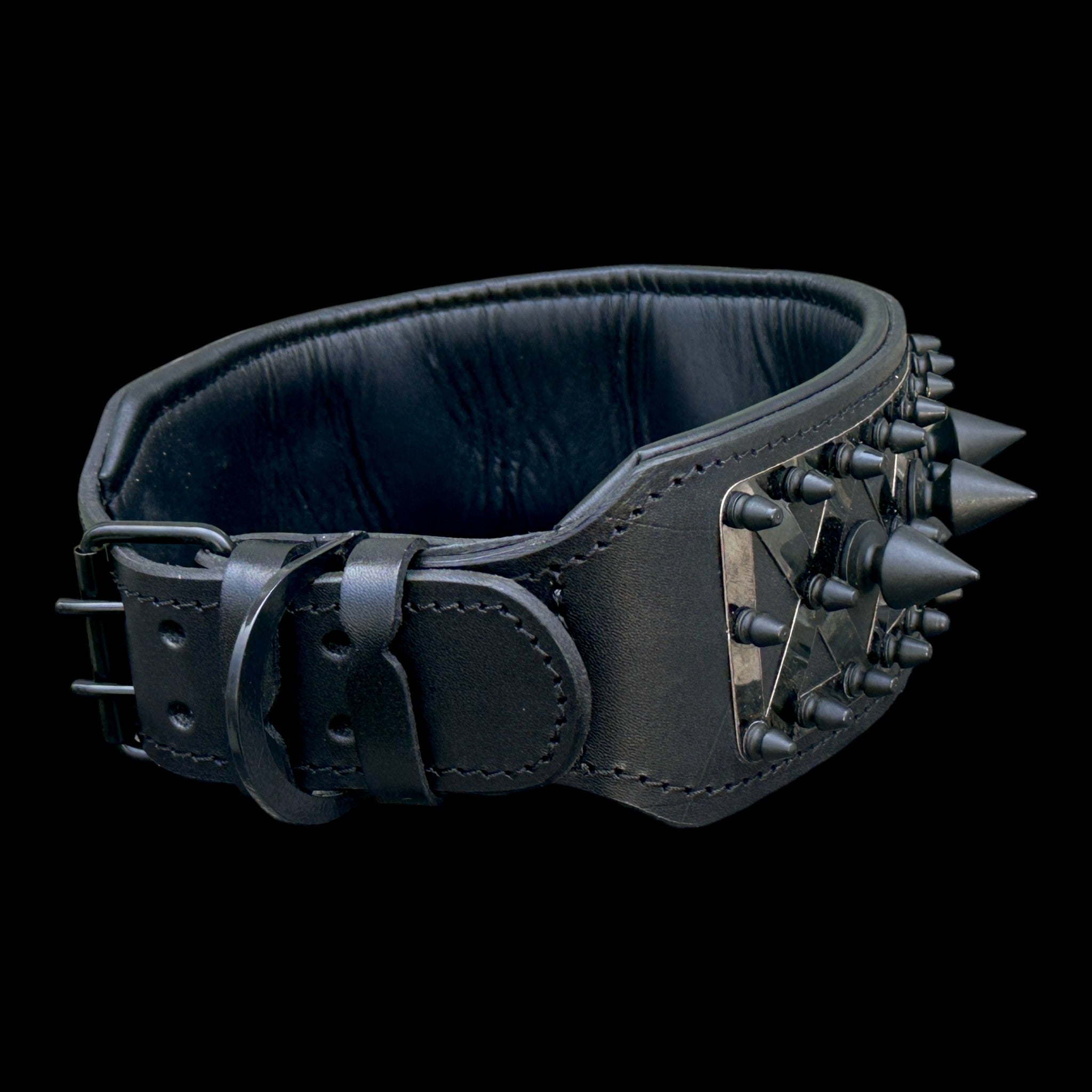 Black leather dog collar with Punisher logo and spikes, heavy-duty design for large breeds by Mağazam.