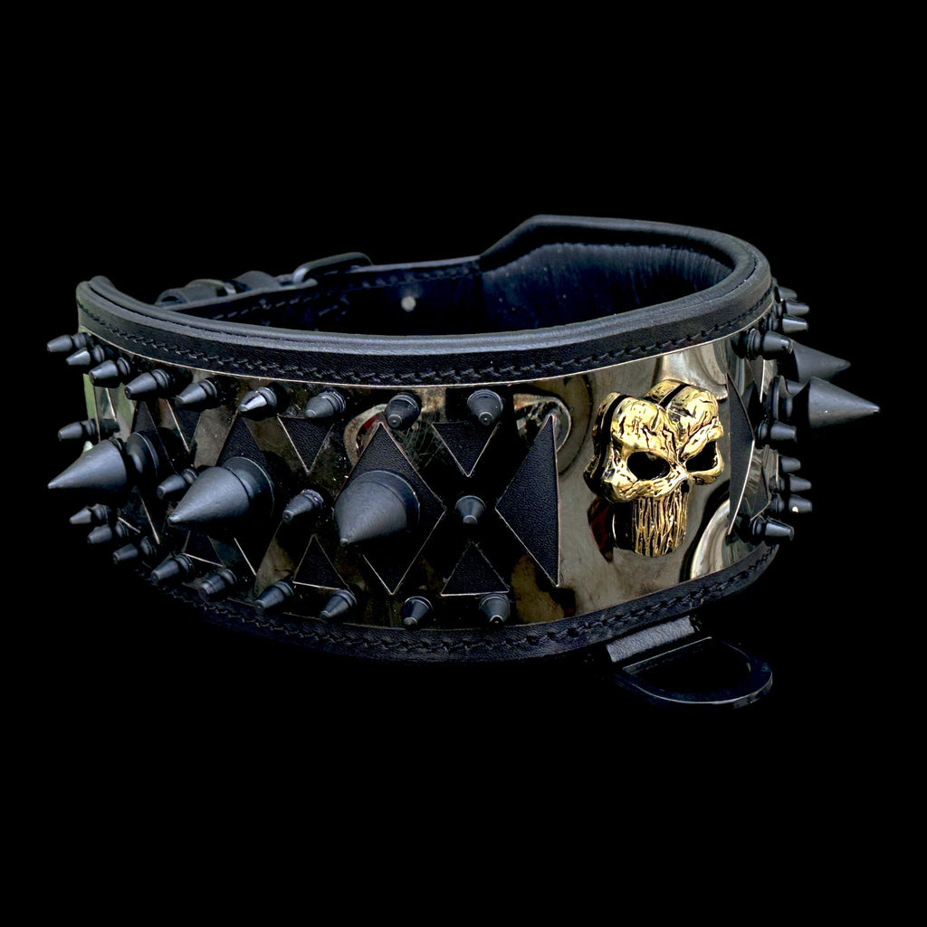 Black leather dog collar with Punisher logo and spikes, heavy-duty design for large breeds, by Mağazam.