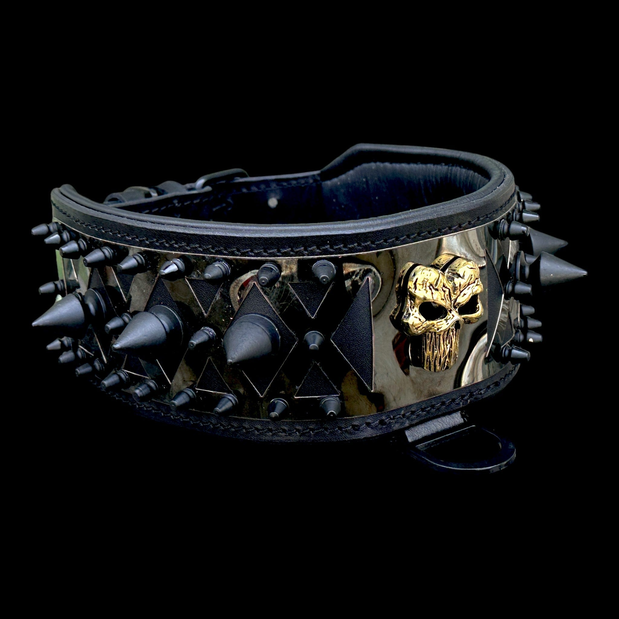 Black leather dog collar with Punisher logo and spikes, heavy-duty design for large breeds, by Mağazam.