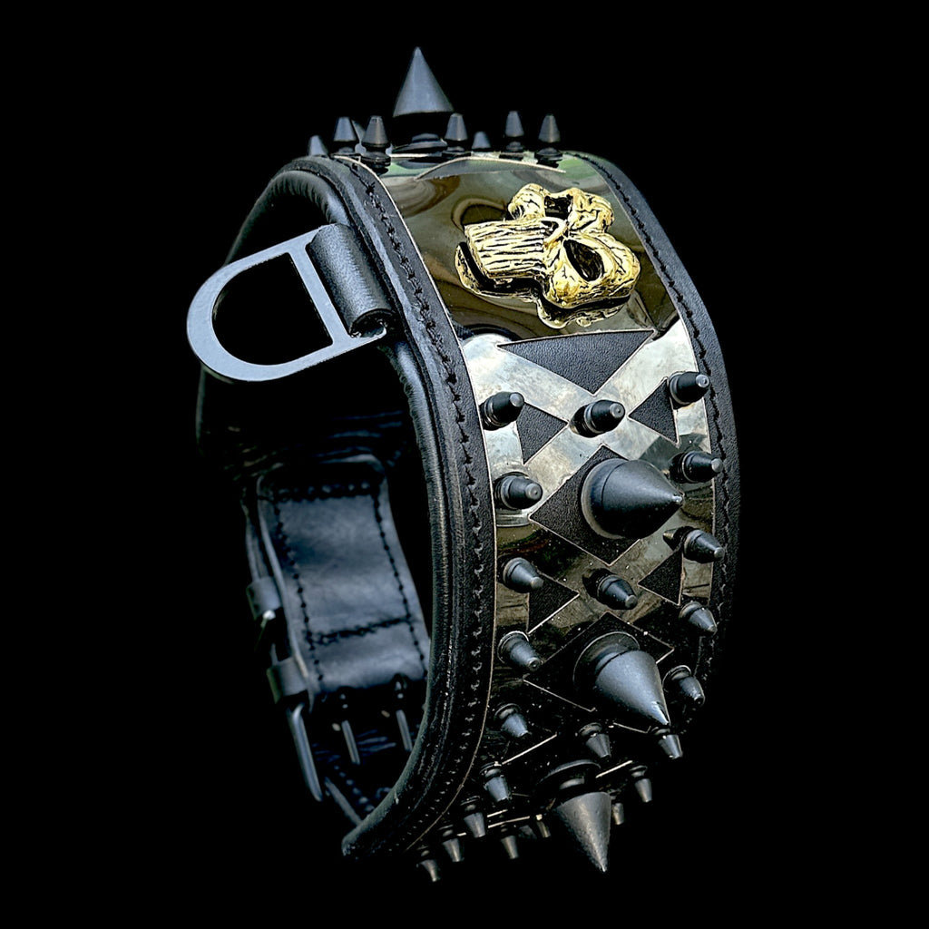 Black leather dog collar with Punisher logo, spiked heavy-duty design for large breeds, by Mağazam.