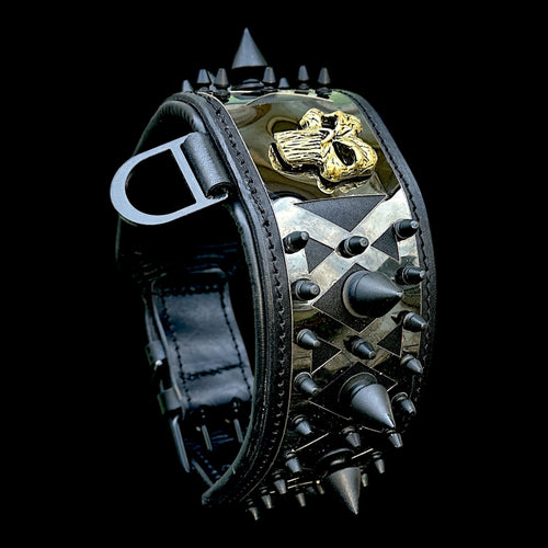 Black leather dog collar with Punisher logo, spiked heavy-duty design for large breeds, by Mağazam.