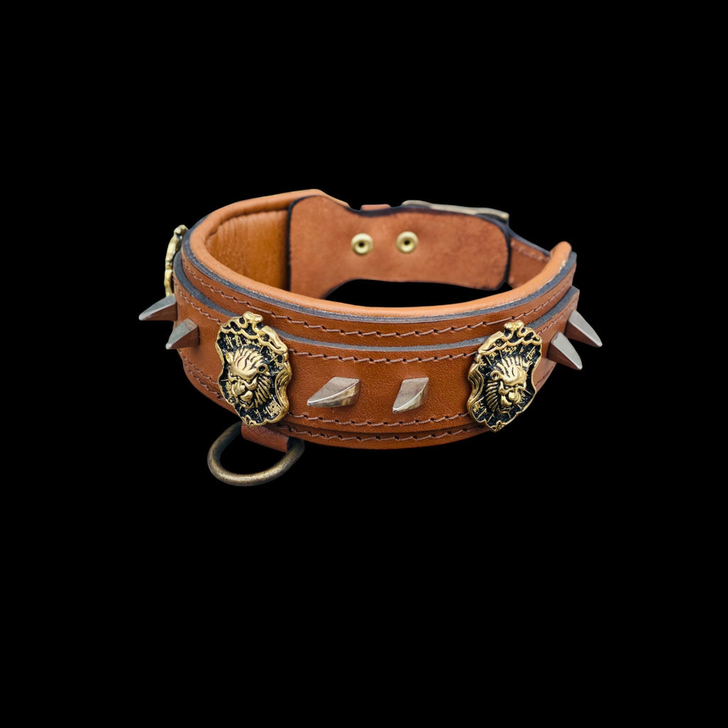 Handmade lion emblem leather dog collar for large breeds - A&C Dog Collars