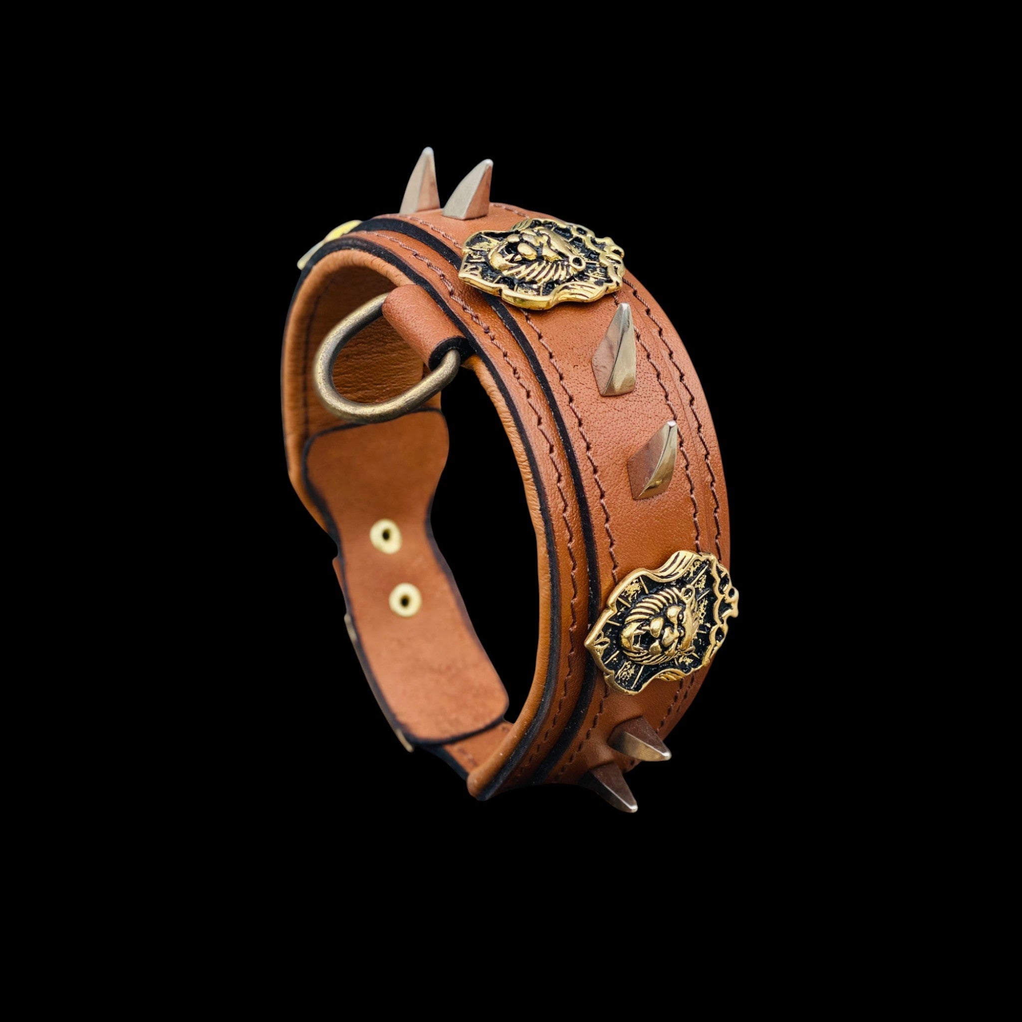 Handmade lion emblem leather dog collar for large breeds - A&C Dog Collars