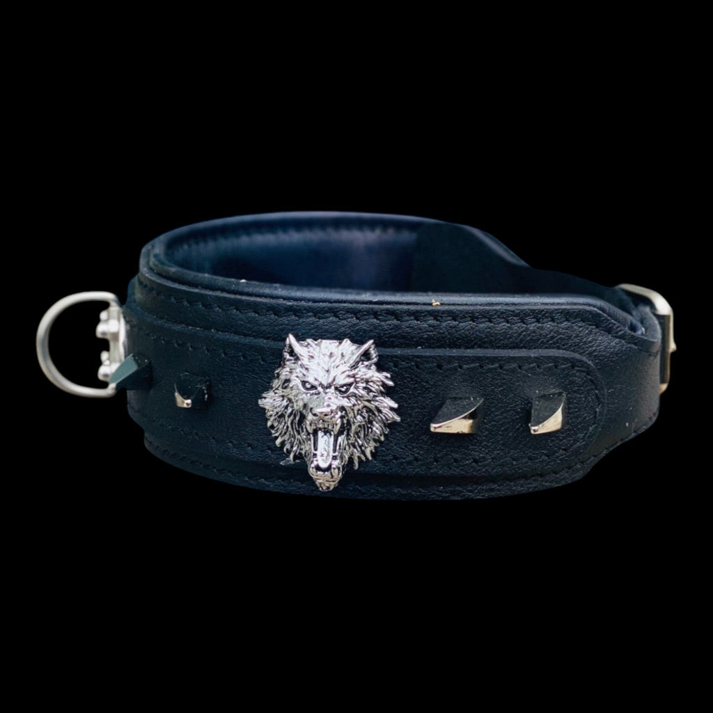 Custom wolf emblem leather dog collar for large breeds - A&C Dog Collars