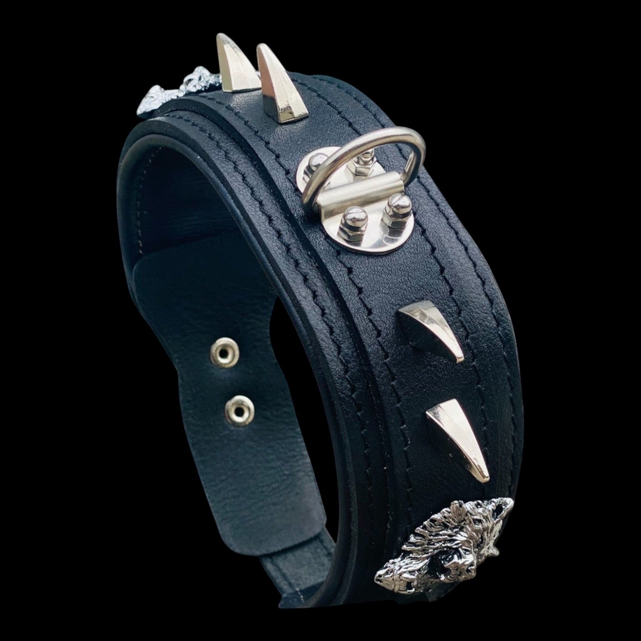 Custom wolf emblem leather dog collar for large breeds - A&C Dog Collars