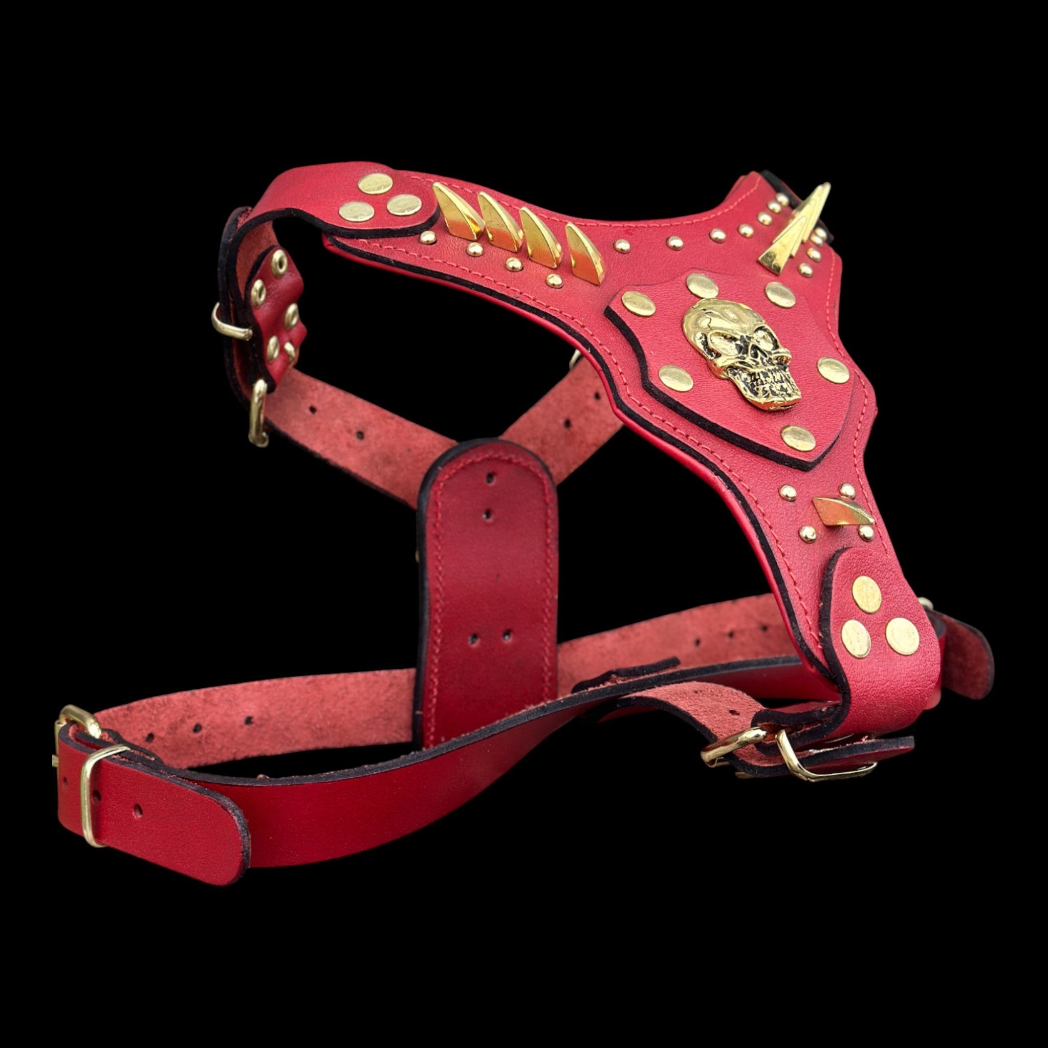 InfernoSkull™ Royale – Red Buffalo Leather Dog Harness with Gold Skull Emblem - A&C Dog Collars