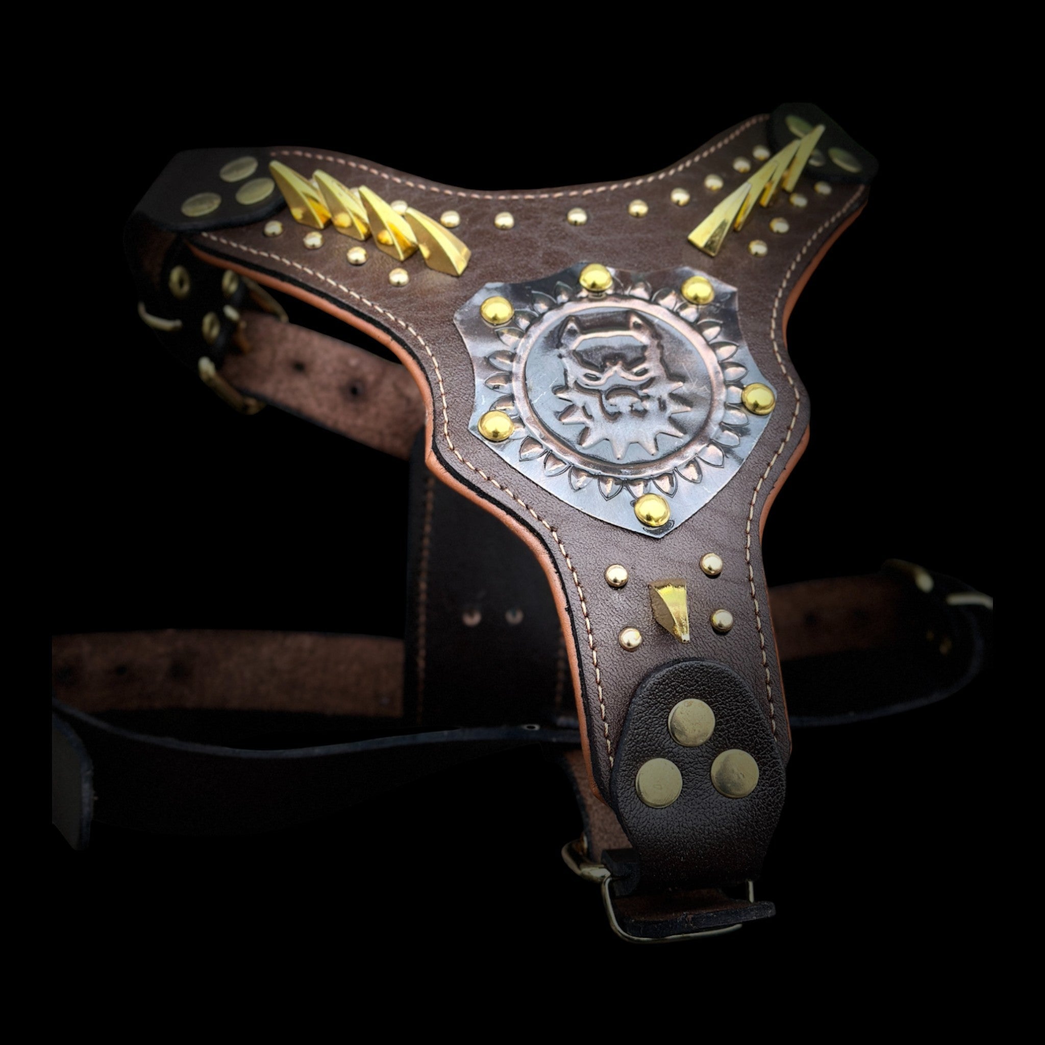 Brown Leather Dog Harness with Copper Engraved Logo & Gold Spikes – Handmade Chest Harness for Large Breeds - A&C Dog Collars