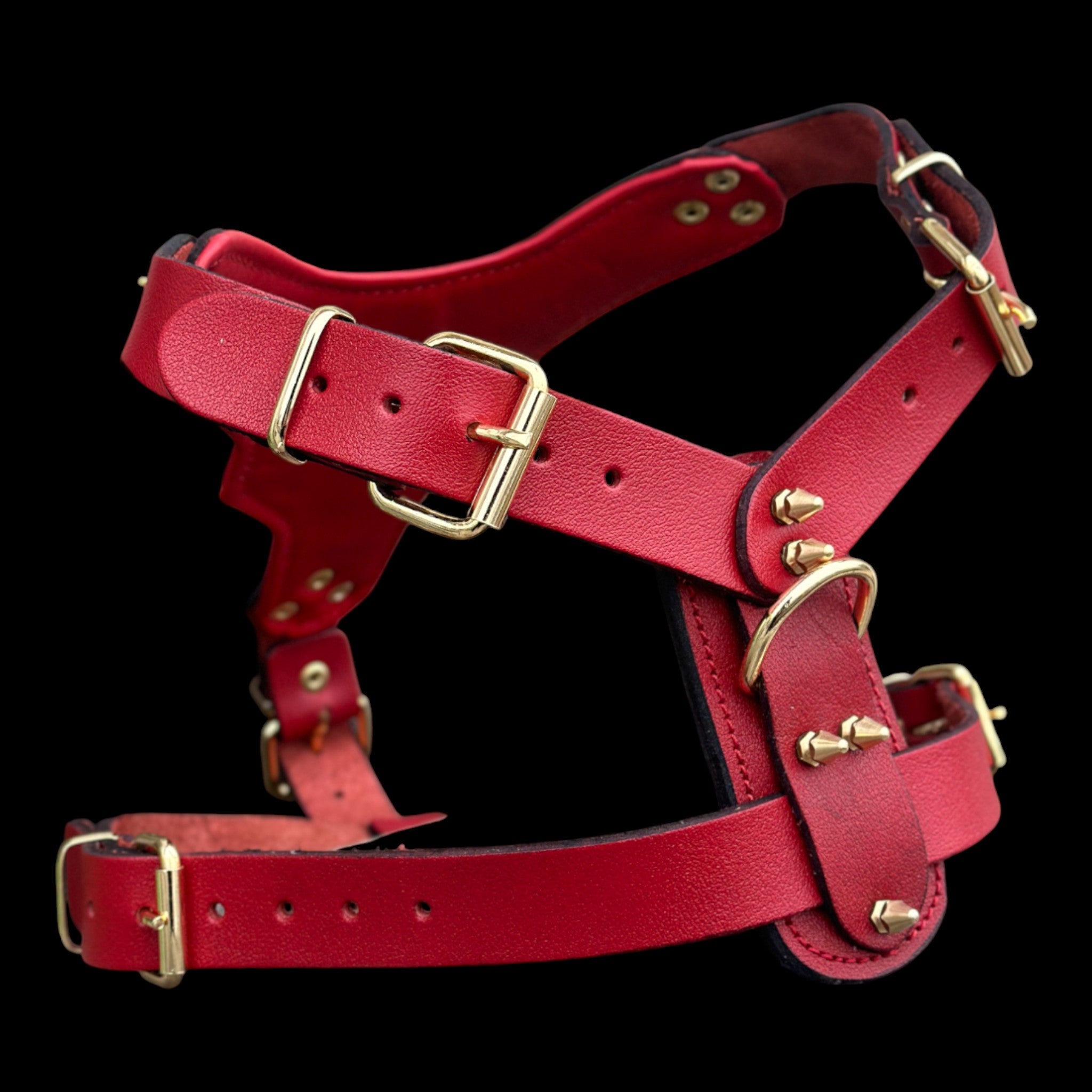 InfernoSkull™ Royale – Red Buffalo Leather Dog Harness with Gold Skull Emblem - A&C Dog Collars