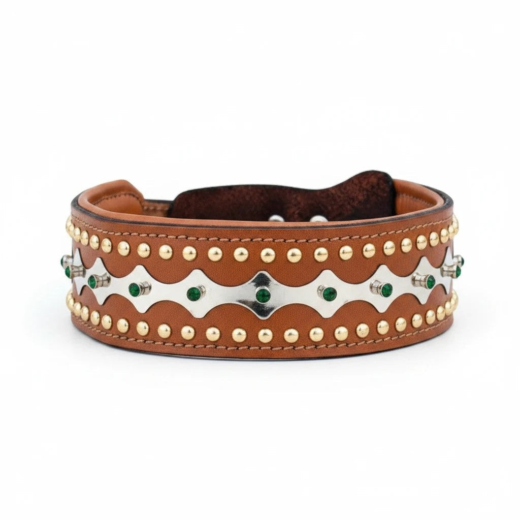 A&C Dog Collars handcrafted brown leather dog collar with gold studs and green crystal accents on a silver plate.