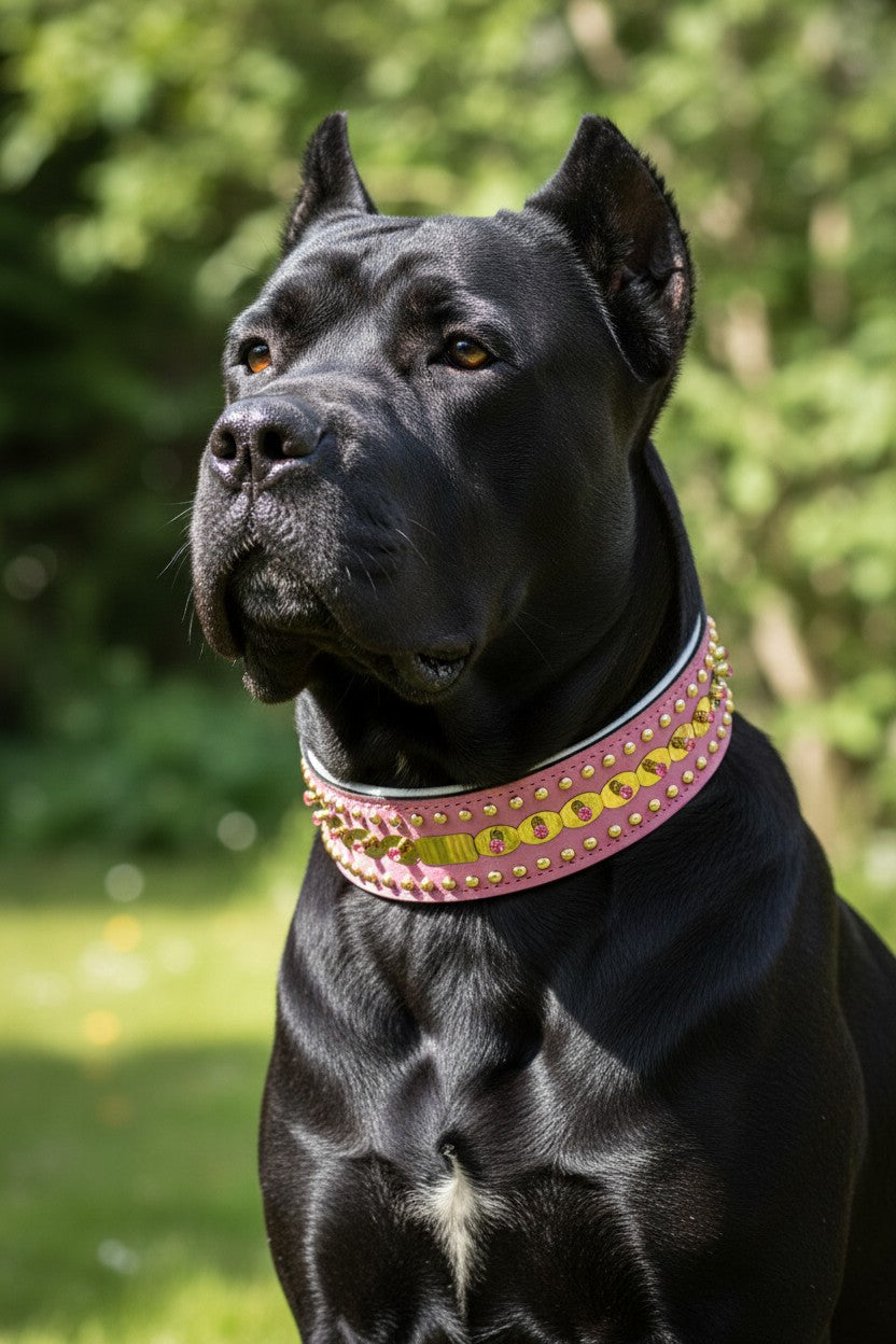 A&C Dog Collars pink leather dog collar with gold studs and pink crystal accents, 4cm wide, for medium breeds.