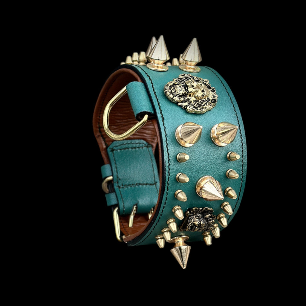 Handcrafted Green Leather Dog Collar – Lion Head Design with Gold Spikes - A&C Dog Collars