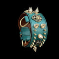 Handcrafted Green Leather Dog Collar – Lion Head Design with Gold Spikes - A&C Dog Collars