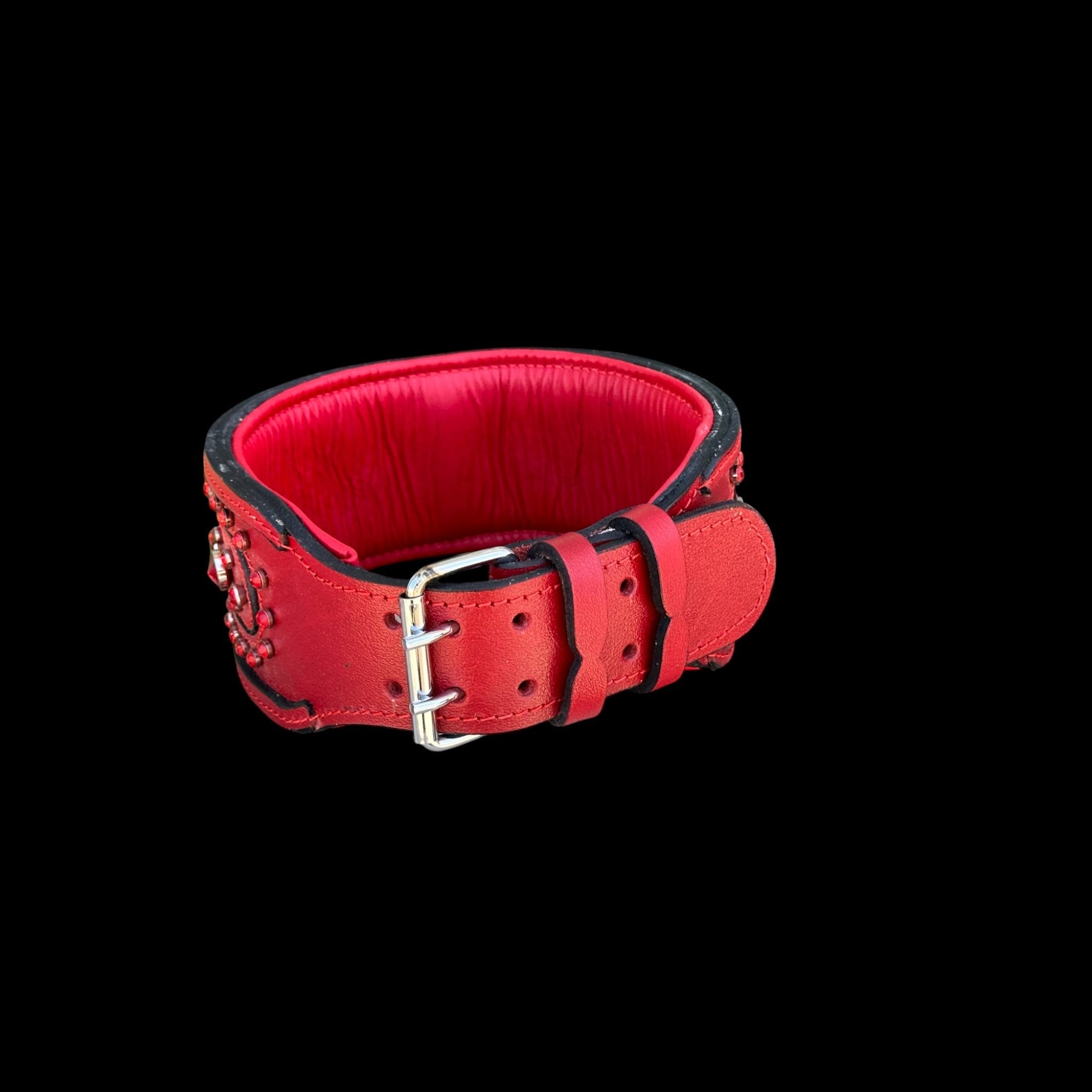 Handcrafted Red Leather Dog Collar – Wide & Thick Crystal Studded - A&C Dog Collars