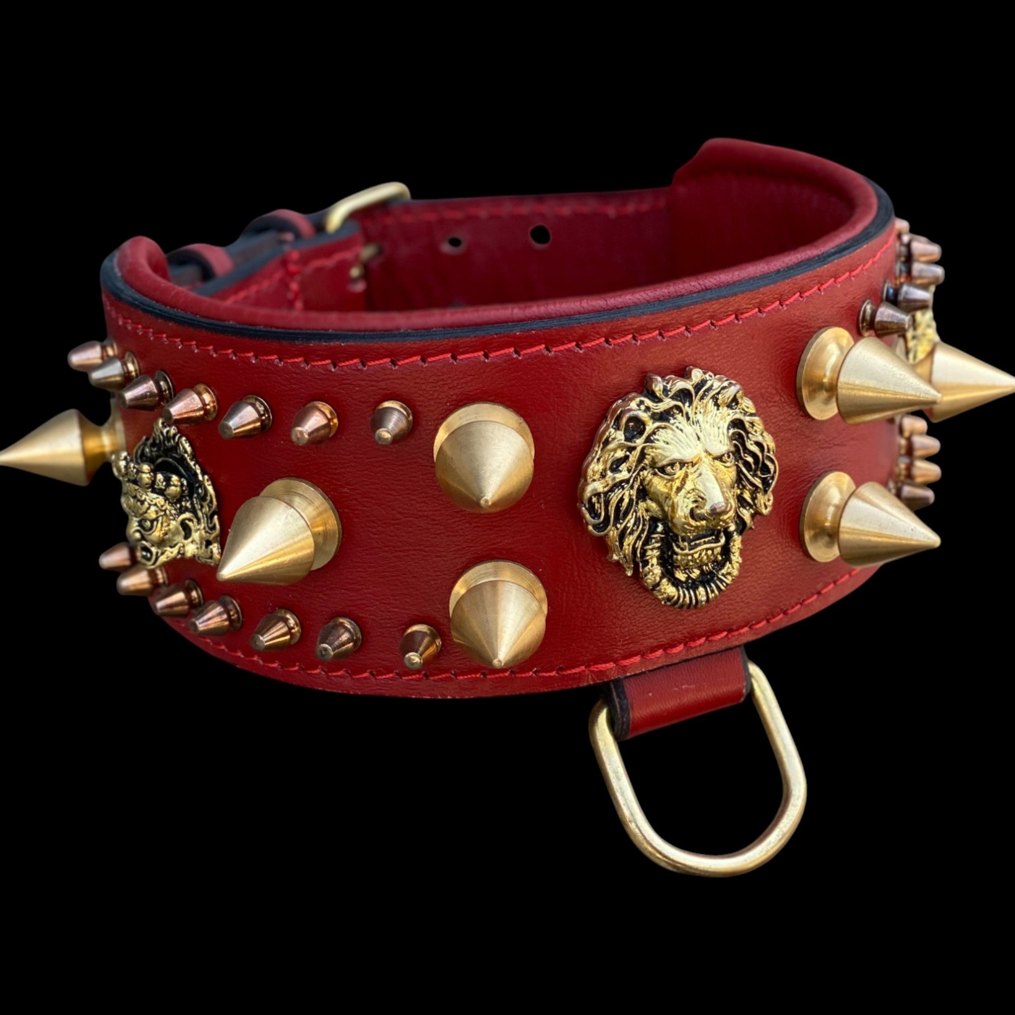 Handcrafted Red Leather Dog Collar – Lion Head Design with Gold Spikes, Wide Strong Collar for Cane Corso, Rottweiler, Doberman, Kangal, American Bully - A&C Dog Collars
