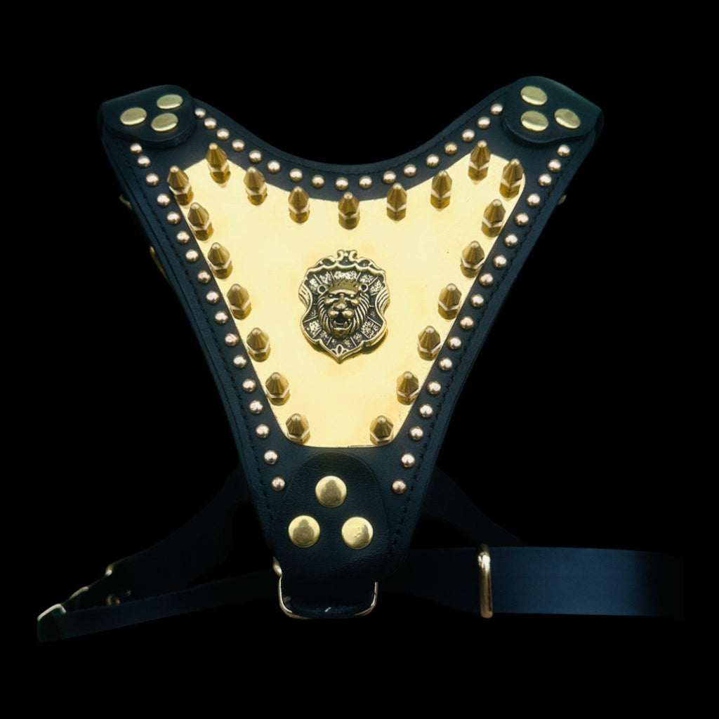 Handmade Luxury Dog Chest Harness with Gold Lion Logo – For Large Breeds - A&C Dog Collars