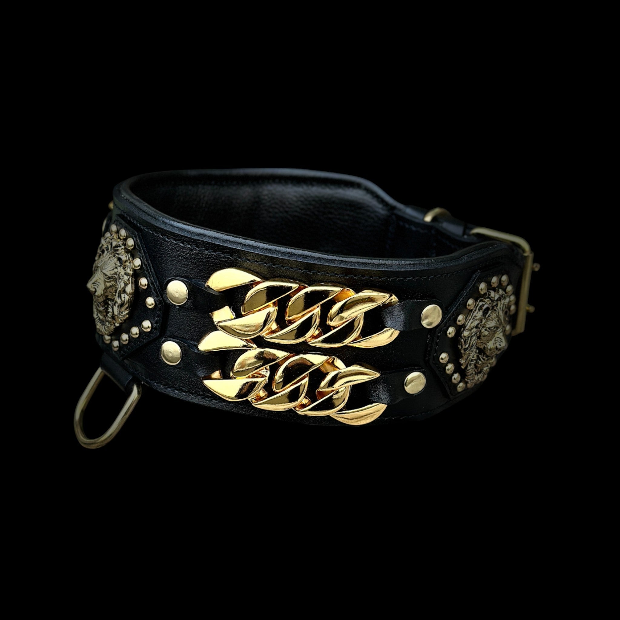 Handcrafted Black Leather Dog Collar – Lion Head Design with Gold Chains, Wide Strong Collar for Cane Corso, Rottweiler, Doberman, Kangal, American Bully - A&C Dog Collars