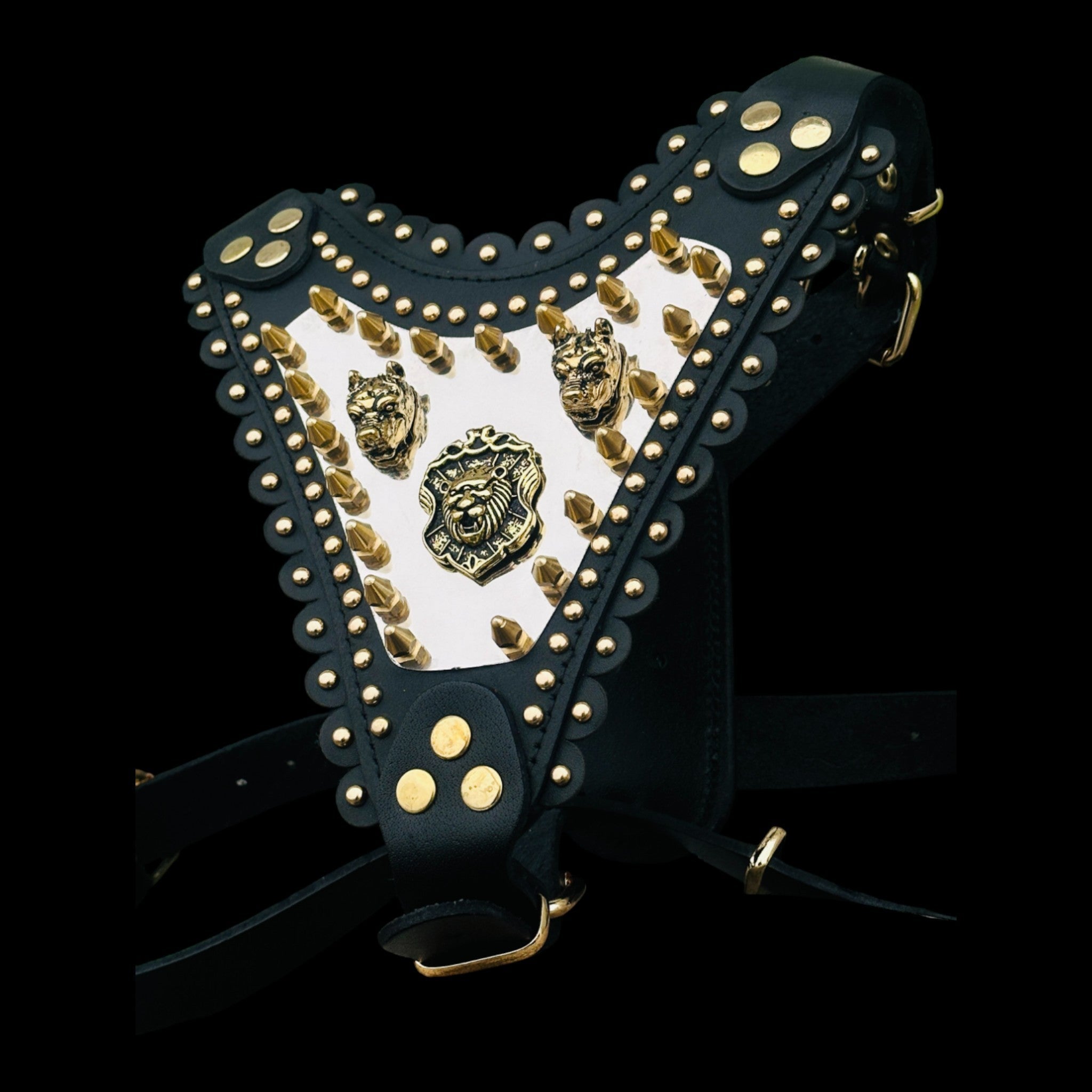 Luxury Handmade Dog Harness with Bully Head & Lion Logo – Black Leather, Gold Spikes, Heavy Duty for Large Breeds - A&C Dog Collars