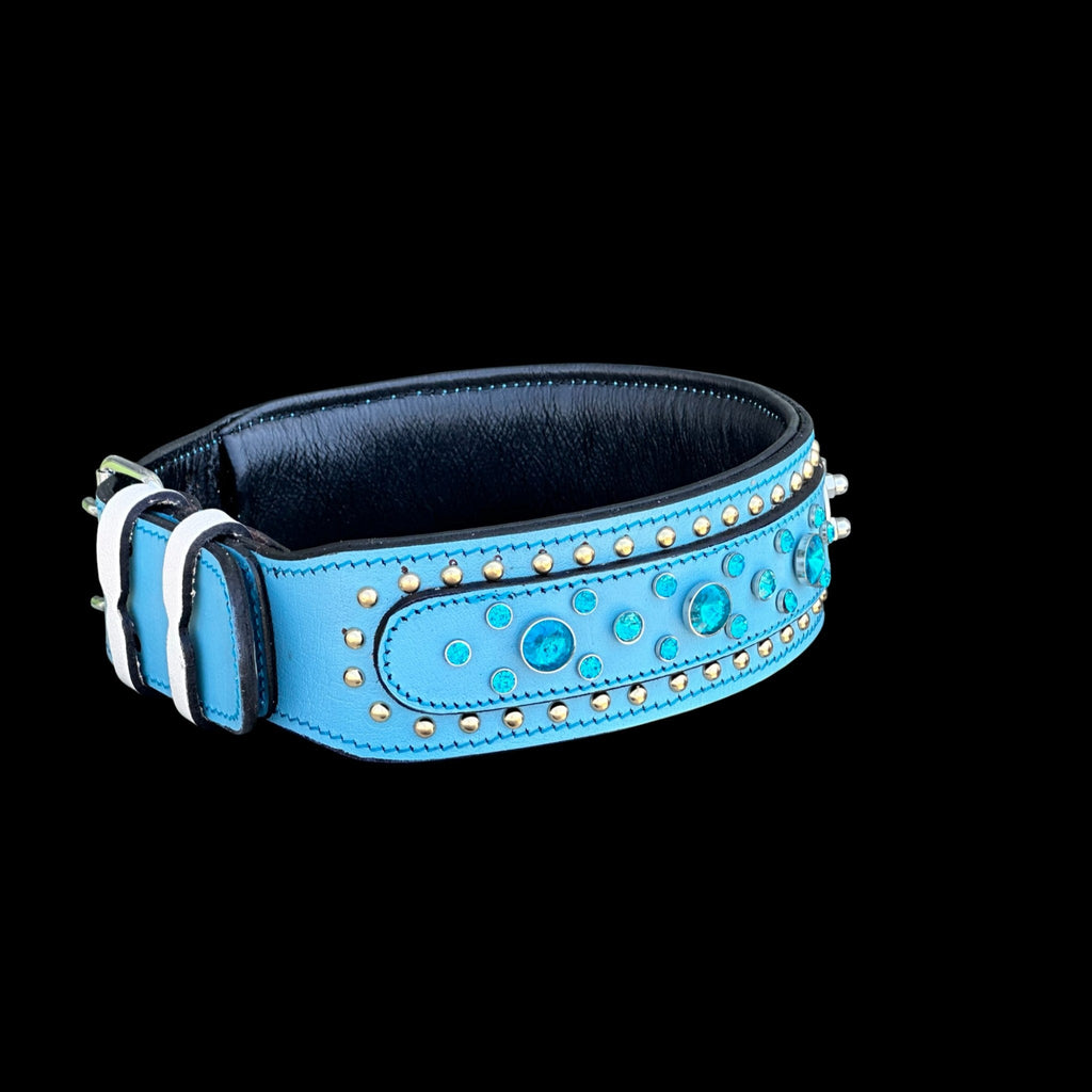 Handmade  Blue Leather Dog Collar – Crystal Studded - A&C Dog Collars
