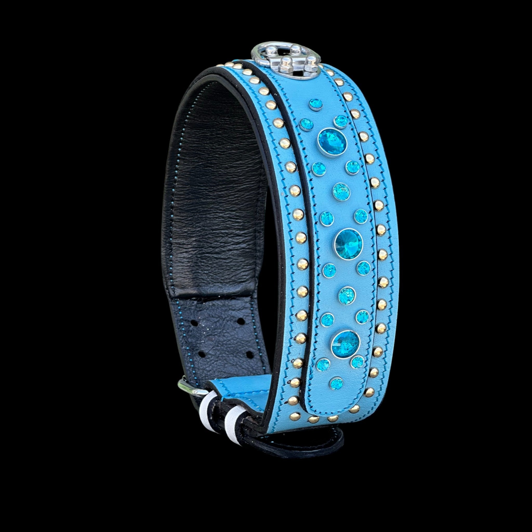 Handmade  Blue Leather Dog Collar – Crystal Studded - A&C Dog Collars