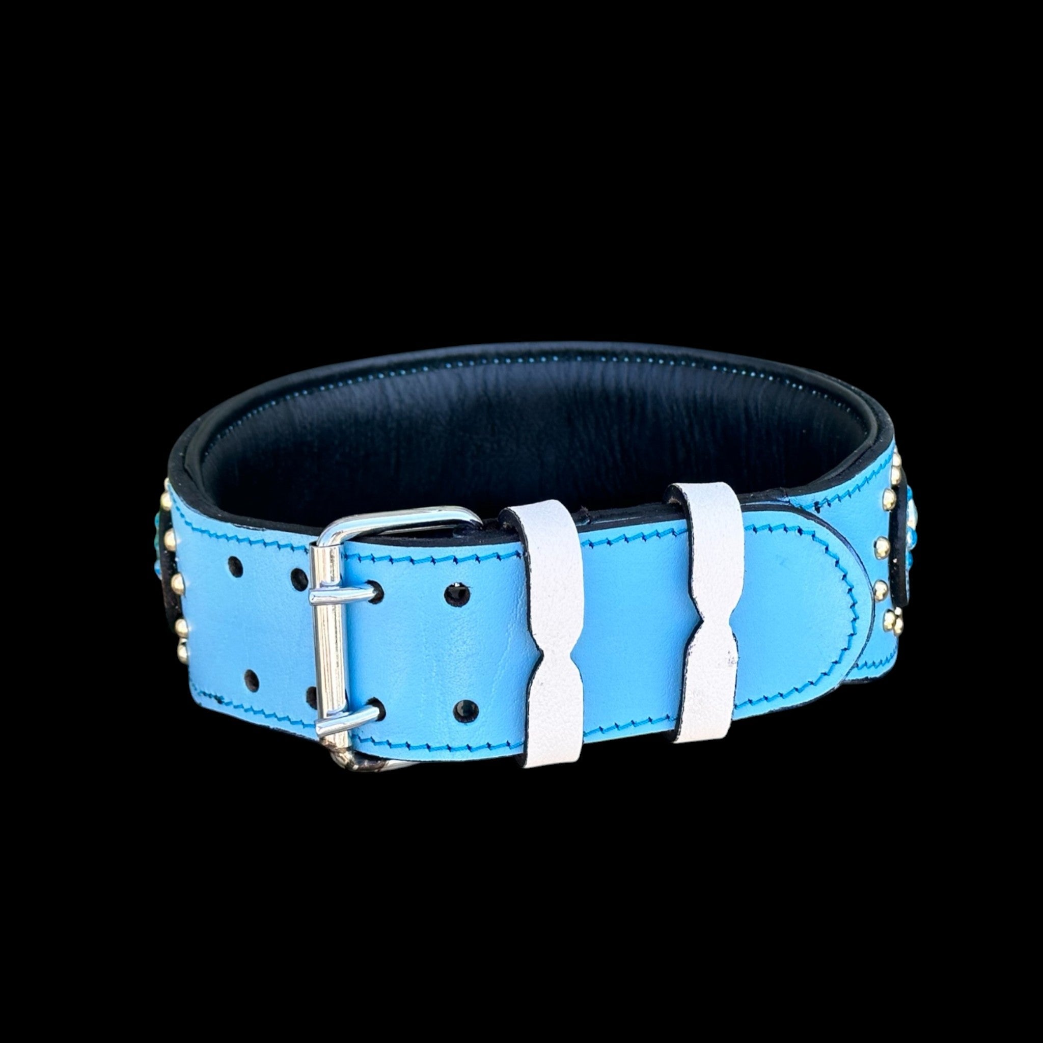 Handmade  Blue Leather Dog Collar – Crystal Studded - A&C Dog Collars