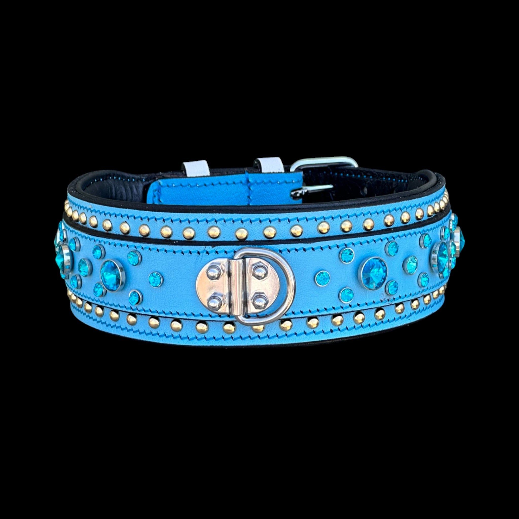 Handmade  Blue Leather Dog Collar – Crystal Studded - A&C Dog Collars