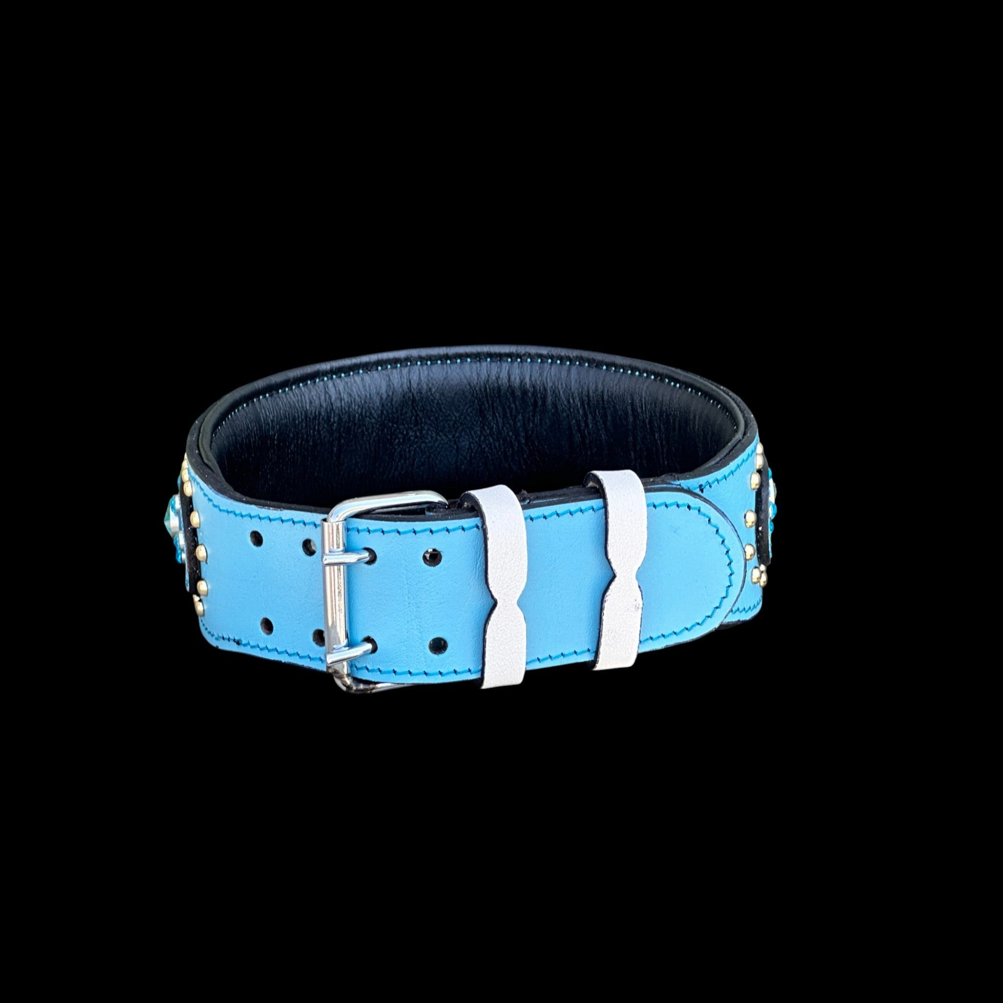 Handmade  Blue Leather Dog Collar – Crystal Studded - A&C Dog Collars