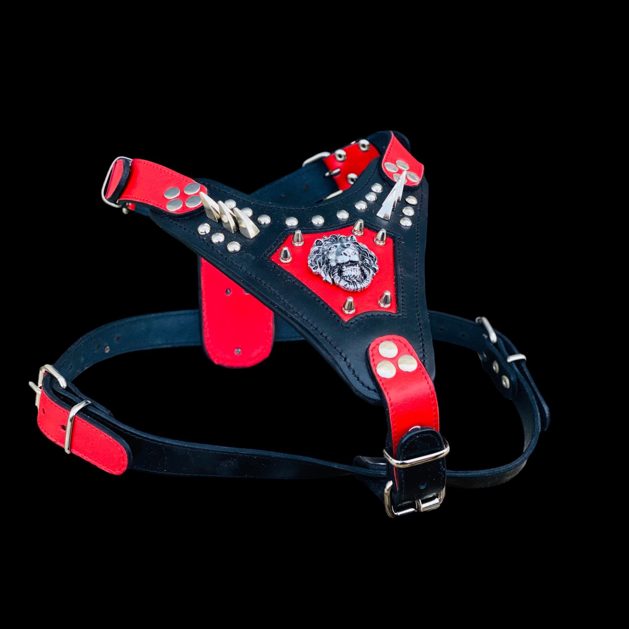 Handmade buffalo leather dog harness with lion emblem. Strong, stylish, and built for powerful breeds like Bully, Cane Corso, Rottweiler & K9 - A&C Dog Collars