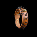 Handmade 1.57 inch (4 cm) wide brown leather dog collar with Bully head logo, ivory spikes and steel D-ring – front view