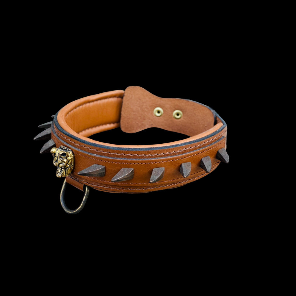 Handmade 1.57 inch (4 cm) brown spiked dog collar with Bully head logo and ivory spikes, designed for Cane Corso, Kangal, Doberman, Malinois and large breeds