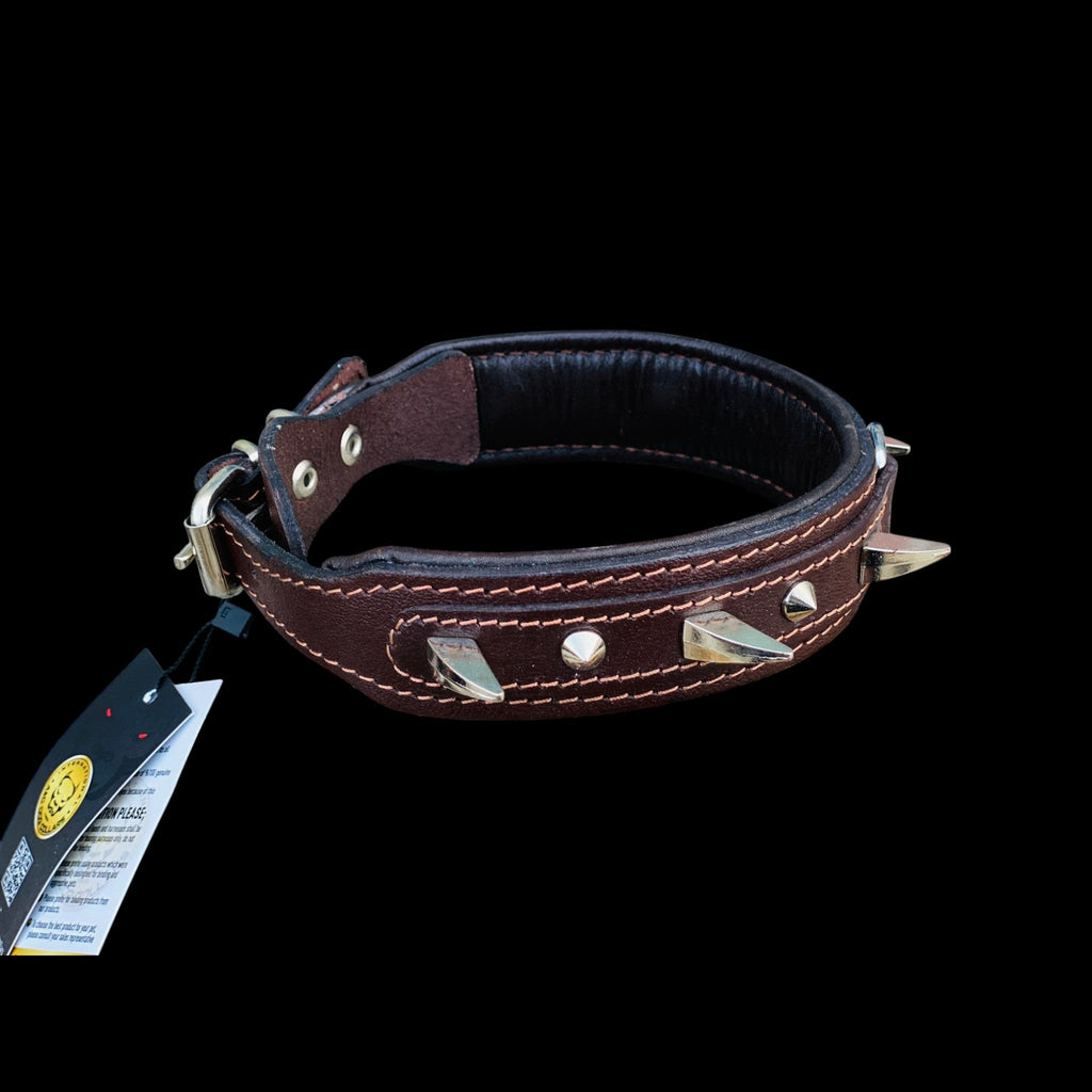 Angled photo of 4 cm wide brown leather dog collar with strong metal spikes and secure steel D-ring for large powerful breeds