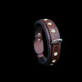 Front view of handmade brown leather dog collar with crystal stones and steel D-ring for large breeds.