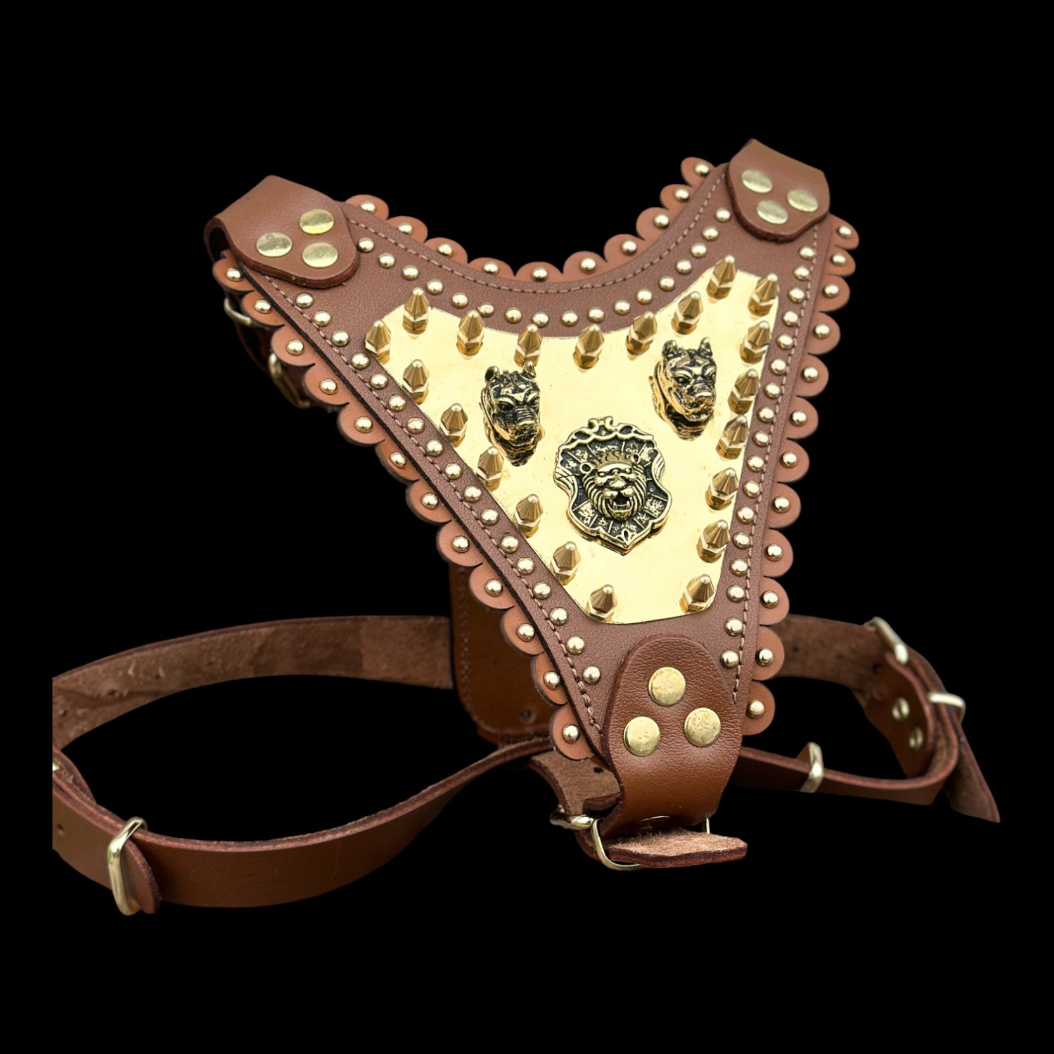 Luxury Handmade Brown Leather Dog Chest Harness with Gold Steel Plate, Bully Head & Lion Logo – Perfect for Cane Corso, Rottweiler, Kangal, Doberman, Bully, Malinois & Large Breeds - A&C Dog Collars
