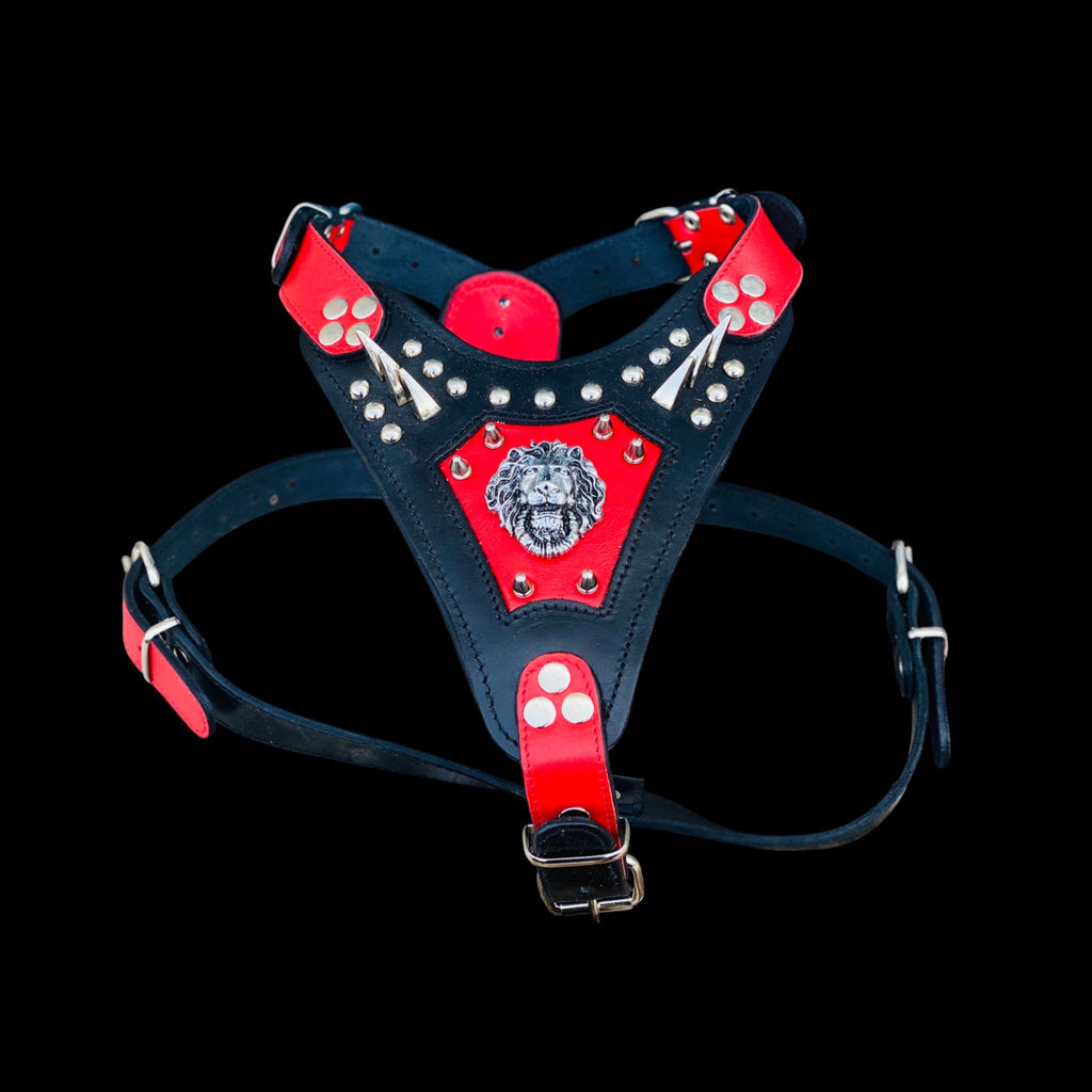 Handmade buffalo leather dog harness with lion emblem. Strong, stylish, and built for powerful breeds like Bully, Cane Corso, Rottweiler & K9 - A&C Dog Collars