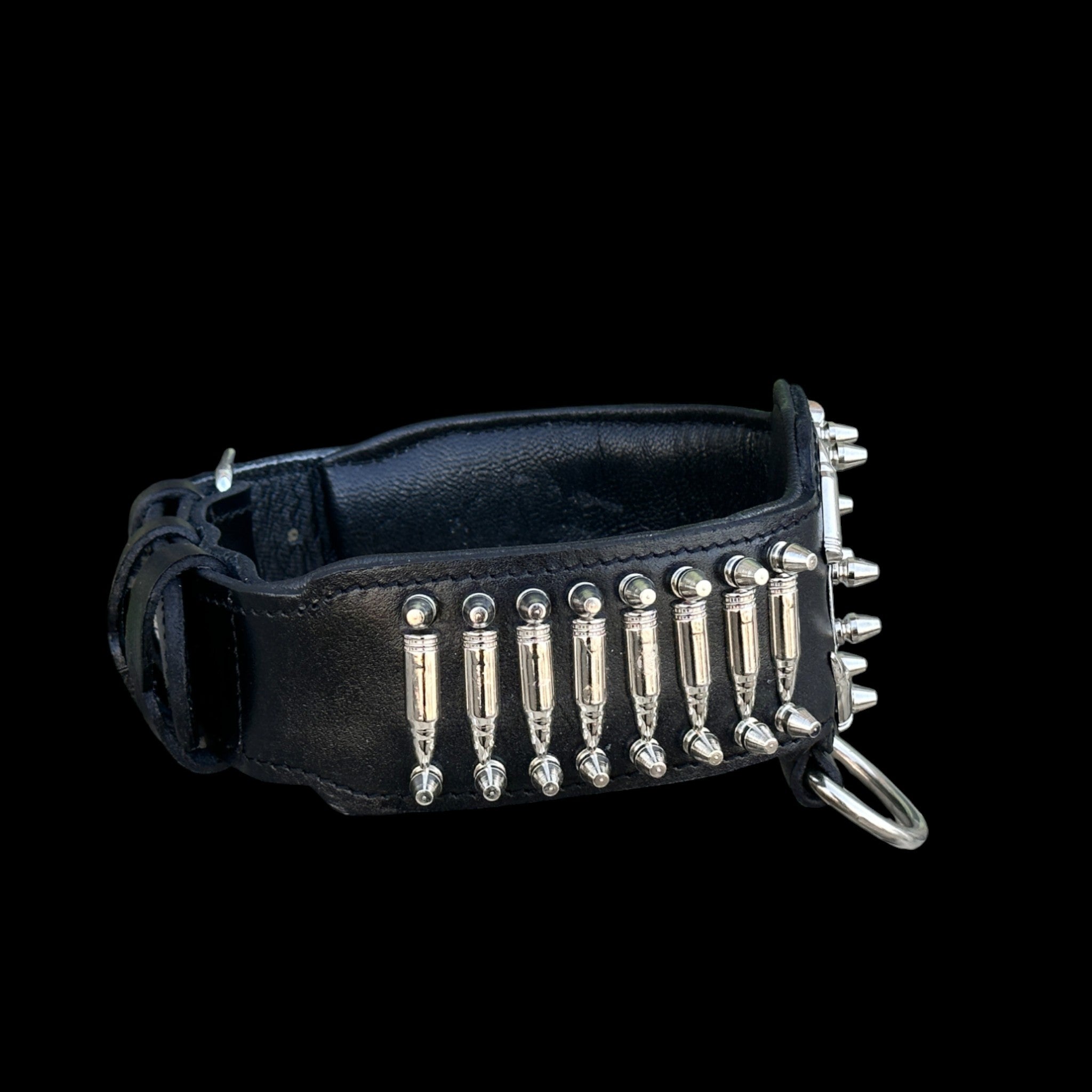 BulletBully™ Alpha Armor – Black Buffalo Leather Dog Collar with Bullet Studs & Bully Emblem - A&C Dog Collars