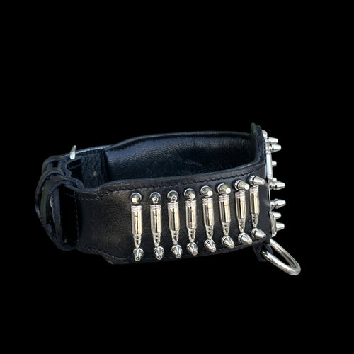 BulletBully™ Alpha Armor – Black Buffalo Leather Dog Collar with Bullet Studs & Bully Emblem - A&C Dog Collars