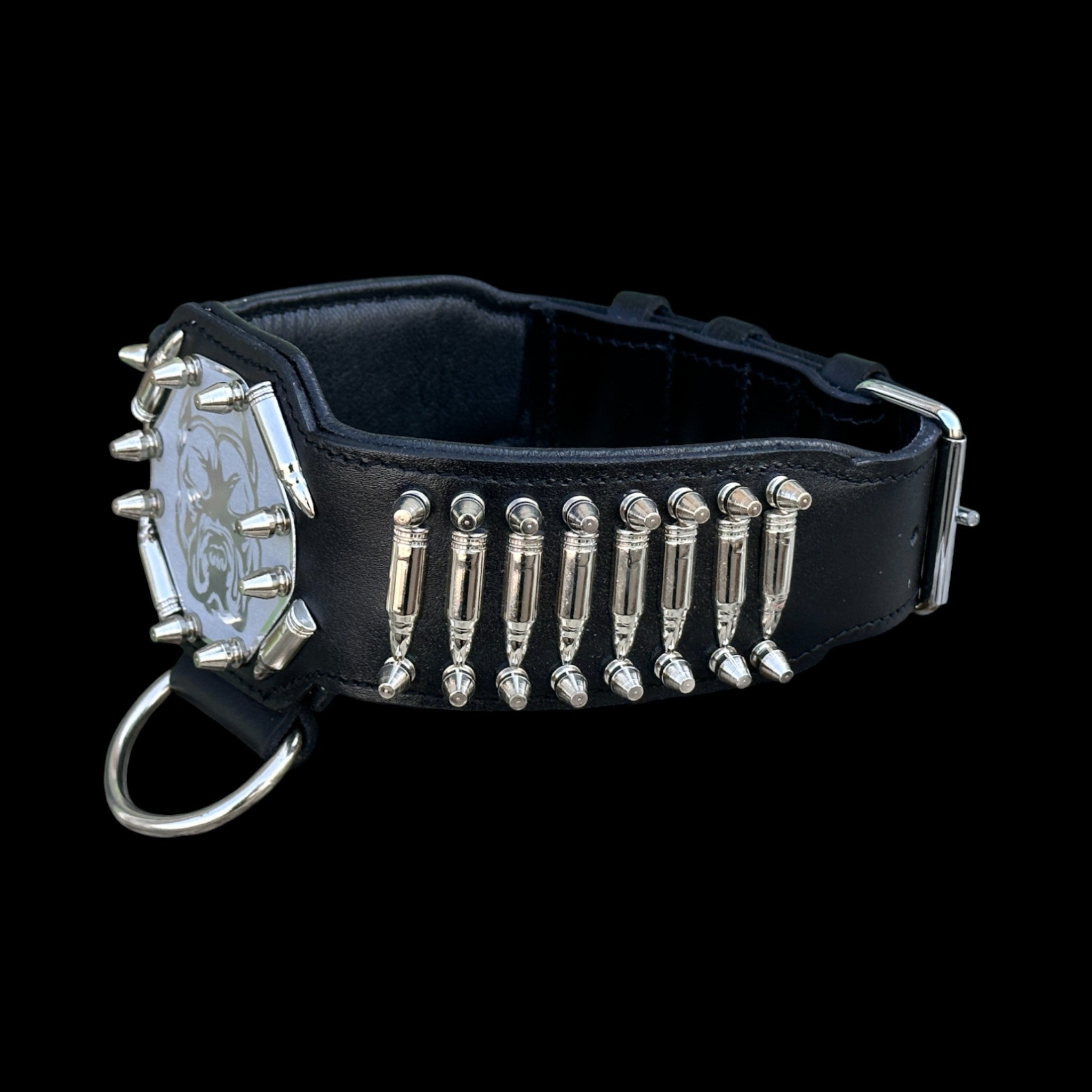 BulletBully™ Alpha Armor – Black Buffalo Leather Dog Collar with Bullet Studs & Bully Emblem - A&C Dog Collars