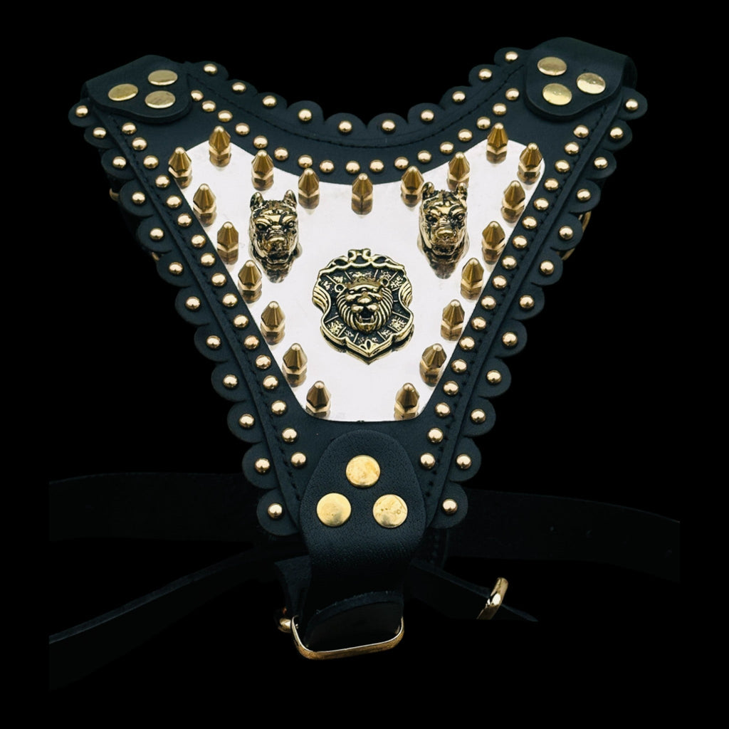 Luxury Handmade Dog Harness with Bully Head & Lion Logo – Black Leather, Gold Spikes, Heavy Duty for Large Breeds - A&C Dog Collars