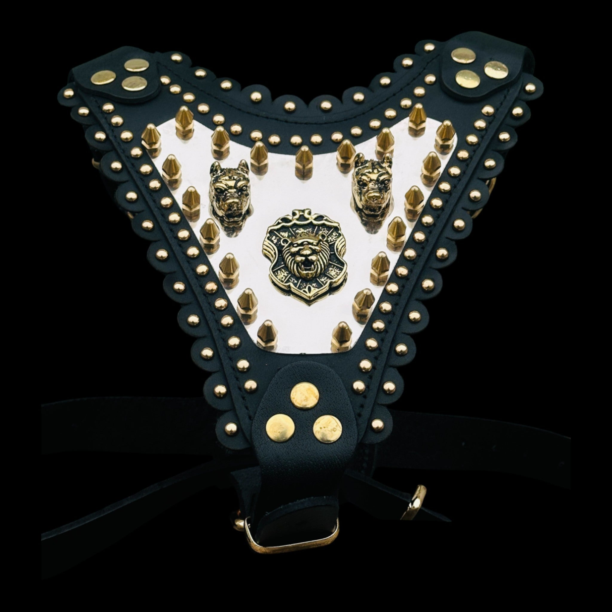 Luxury Handmade Dog Harness with Bully Head & Lion Logo – Black Leather, Gold Spikes, Heavy Duty for Large Breeds - A&C Dog Collars