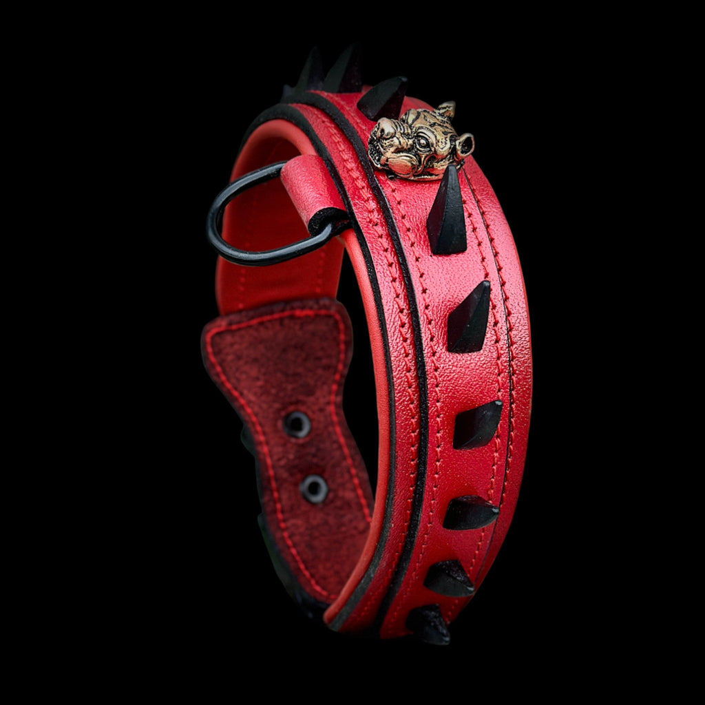 Handcrafted Red Leather Dog Collar – Bully Head Design, Spiked 4cm Wide Strong Collar for Cane Corso, Rottweiler, Doberman, Kangal, American Bully - A&C Dog Collars