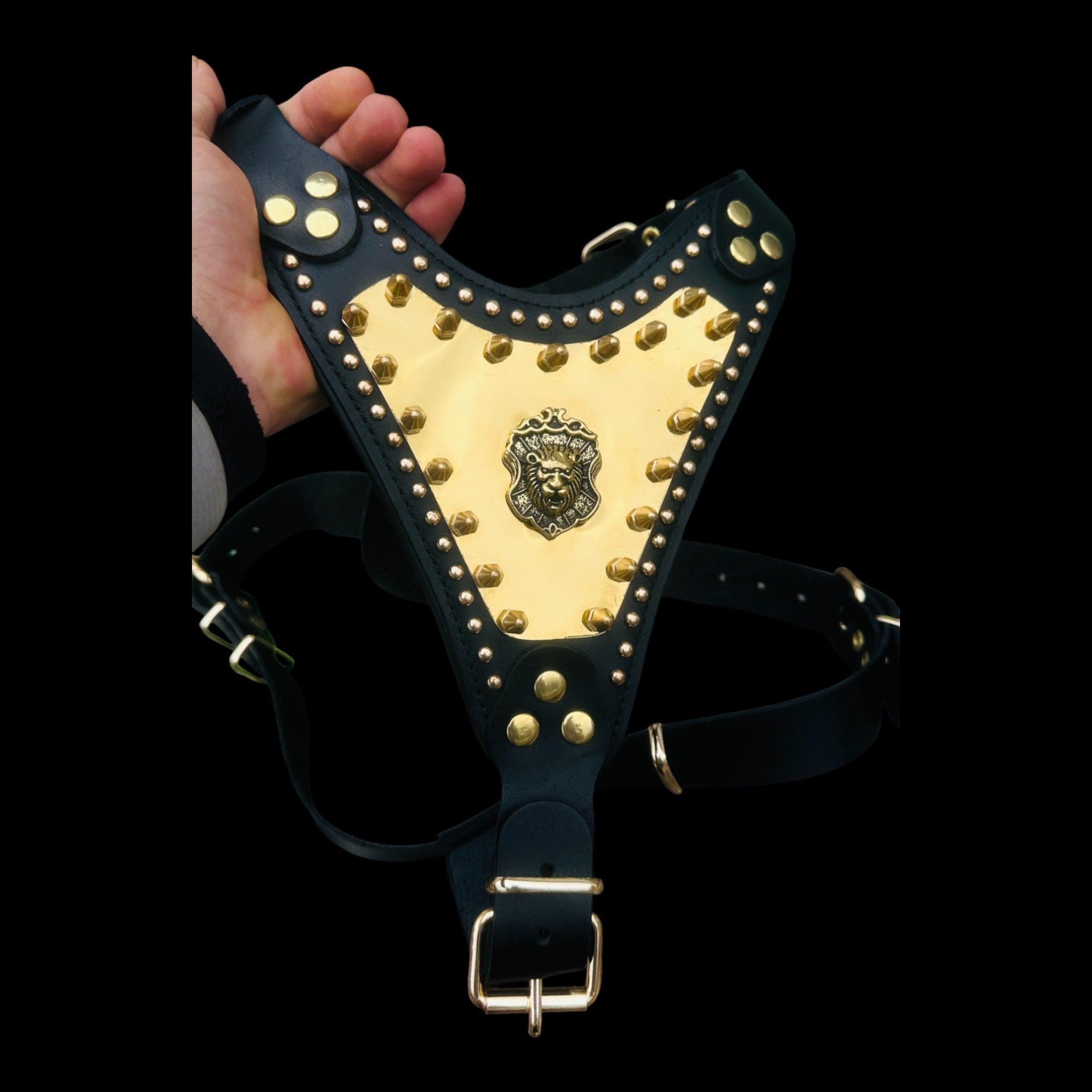 Handmade Luxury Dog Chest Harness with Gold Lion Logo – For Large Breeds - A&C Dog Collars