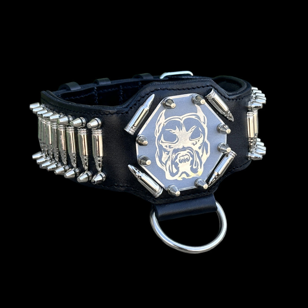 BulletBully™ Alpha Armor – Black Buffalo Leather Dog Collar with Bullet Studs & Bully Emblem - A&C Dog Collars
