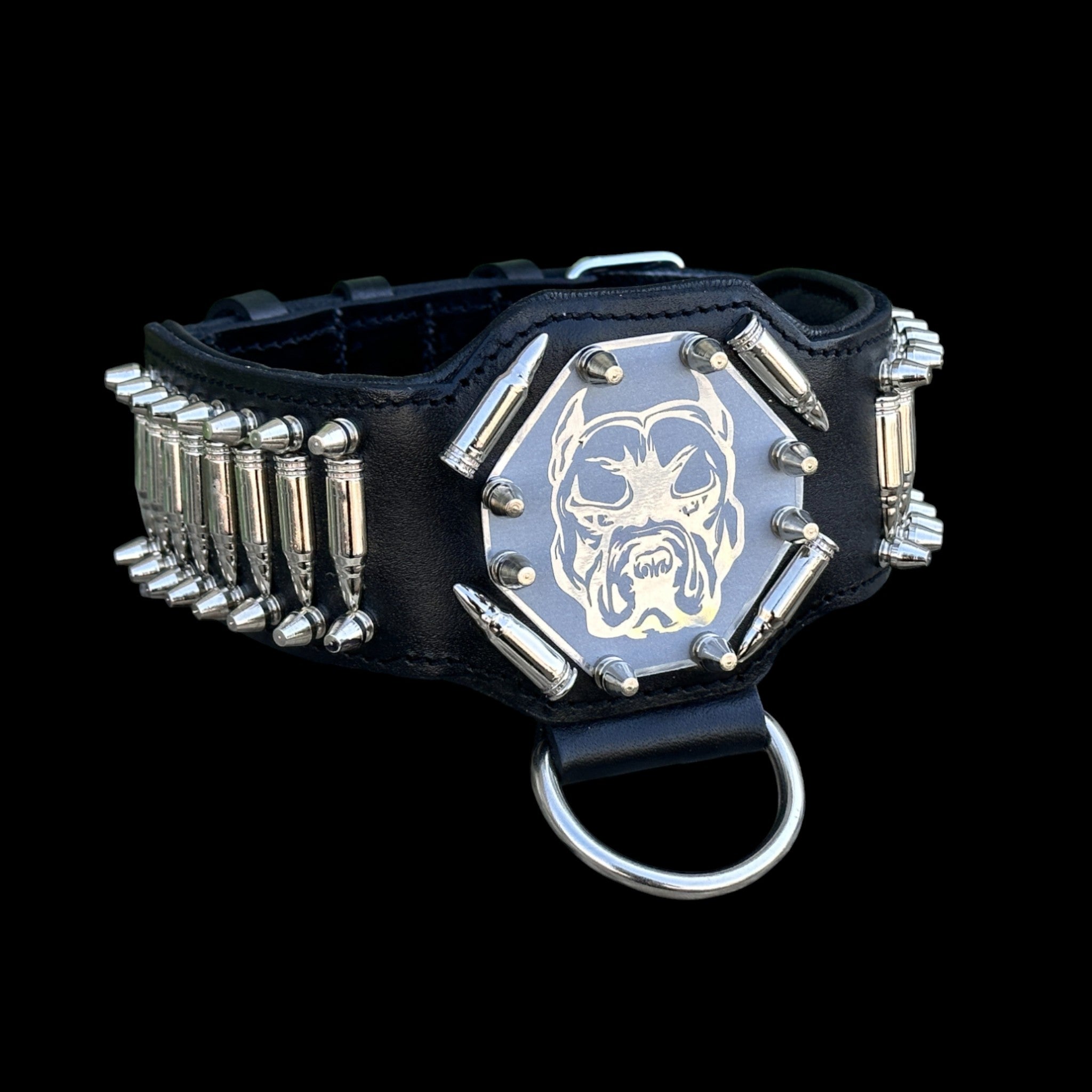 BulletBully™ Alpha Armor – Black Buffalo Leather Dog Collar with Bullet Studs & Bully Emblem - A&C Dog Collars