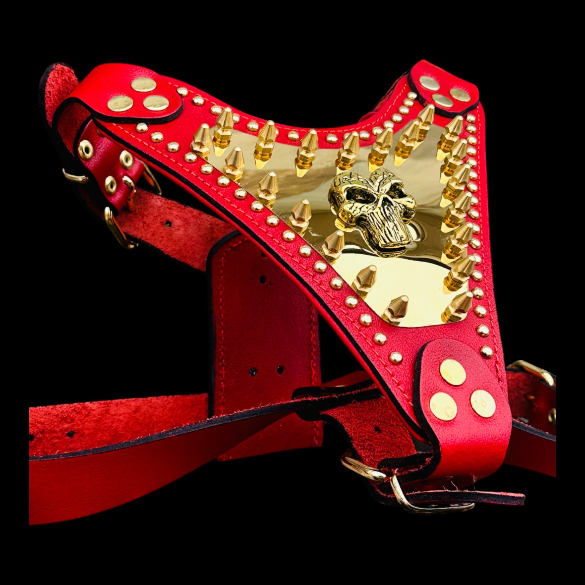 Handmade Red Leather Dog Harness with Punisher Logo - A&C Dog Collars