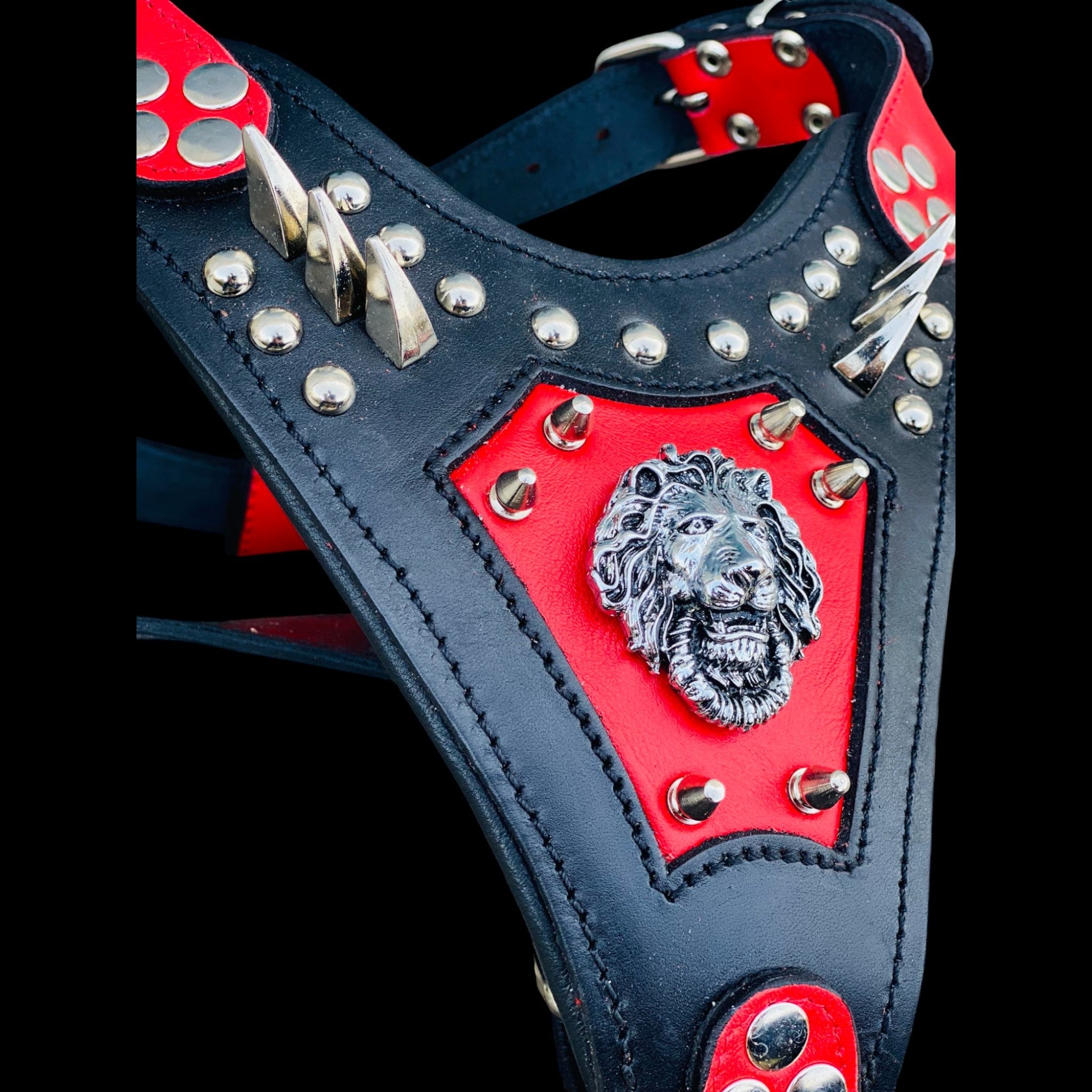 Handmade buffalo leather dog harness with lion emblem. Strong, stylish, and built for powerful breeds like Bully, Cane Corso, Rottweiler & K9 - A&C Dog Collars