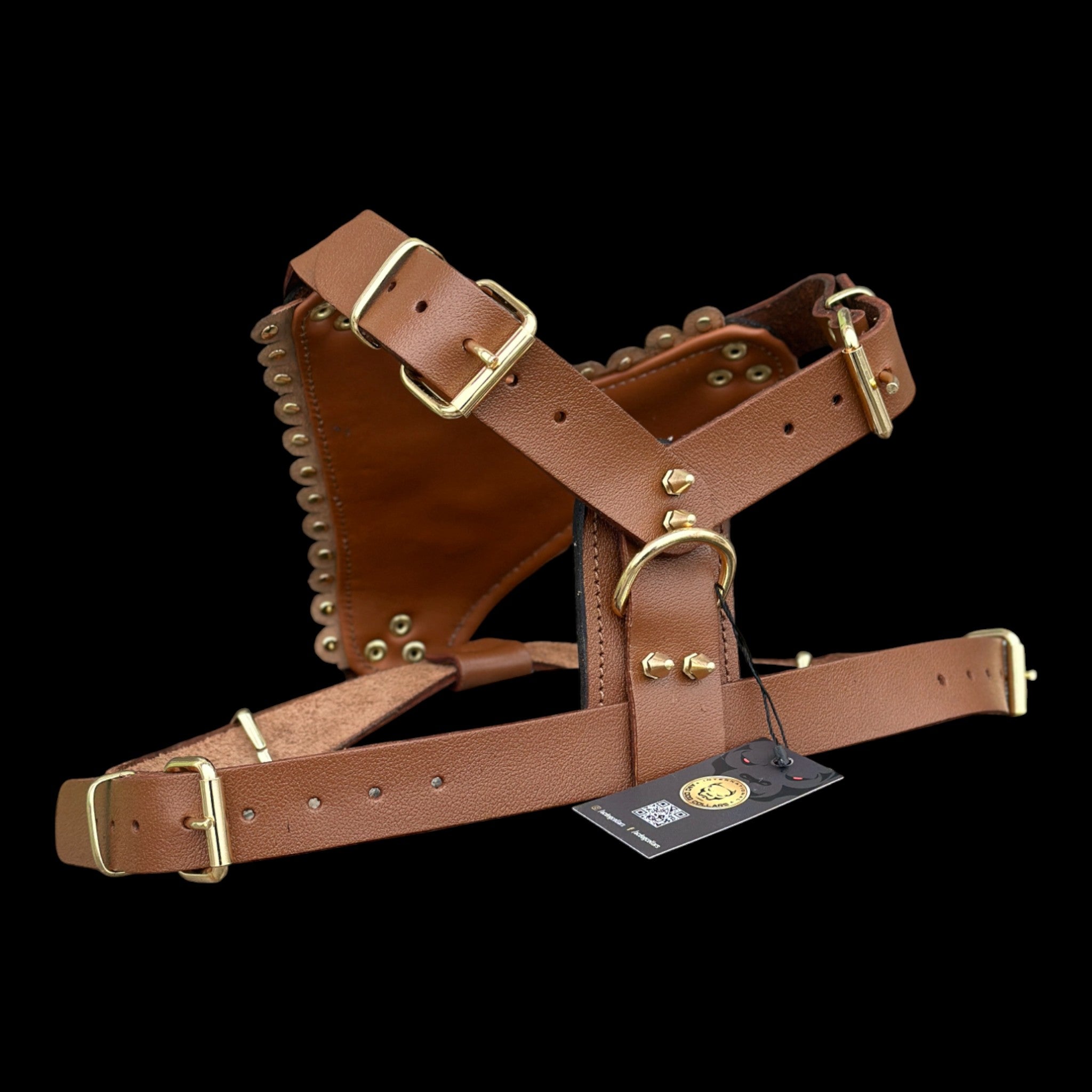 Luxury Handmade Brown Leather Dog Chest Harness with Gold Steel Plate, Bully Head & Lion Logo – Perfect for Cane Corso, Rottweiler, Kangal, Doberman, Bully, Malinois & Large Breeds - A&C Dog Collars