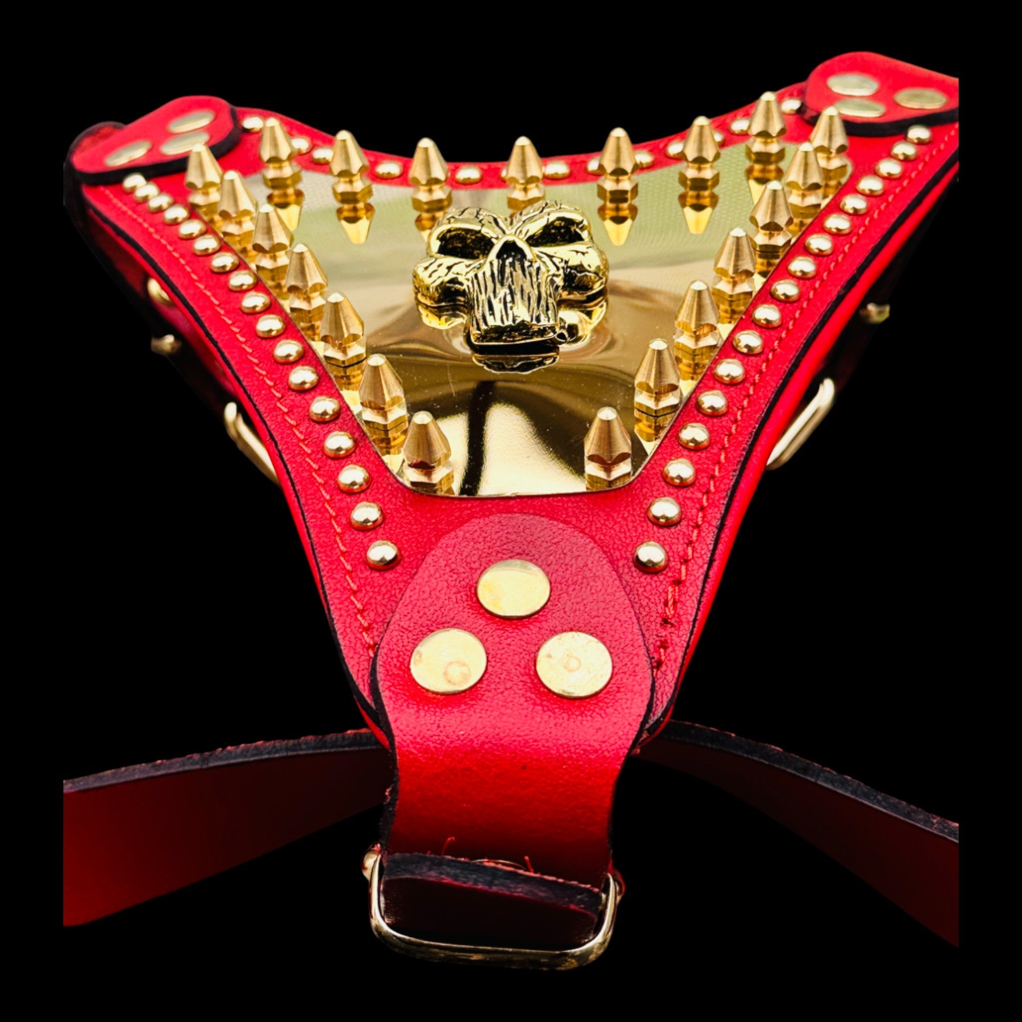 Handmade Red Leather Dog Harness with Punisher Logo - A&C Dog Collars