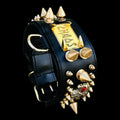 Handmade black leather dog collar with gold spikes and CHAOS nameplate