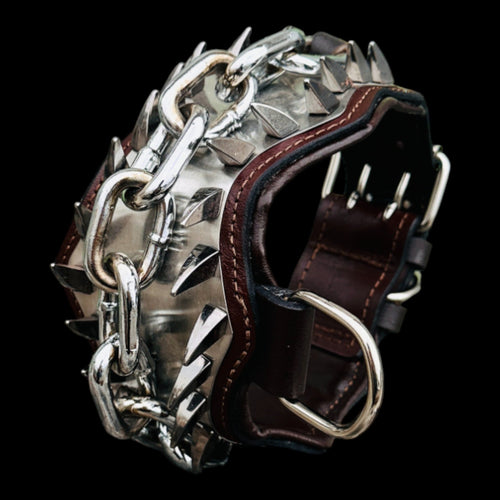 Heavy duty chrome chain dog collar handmade from leather.