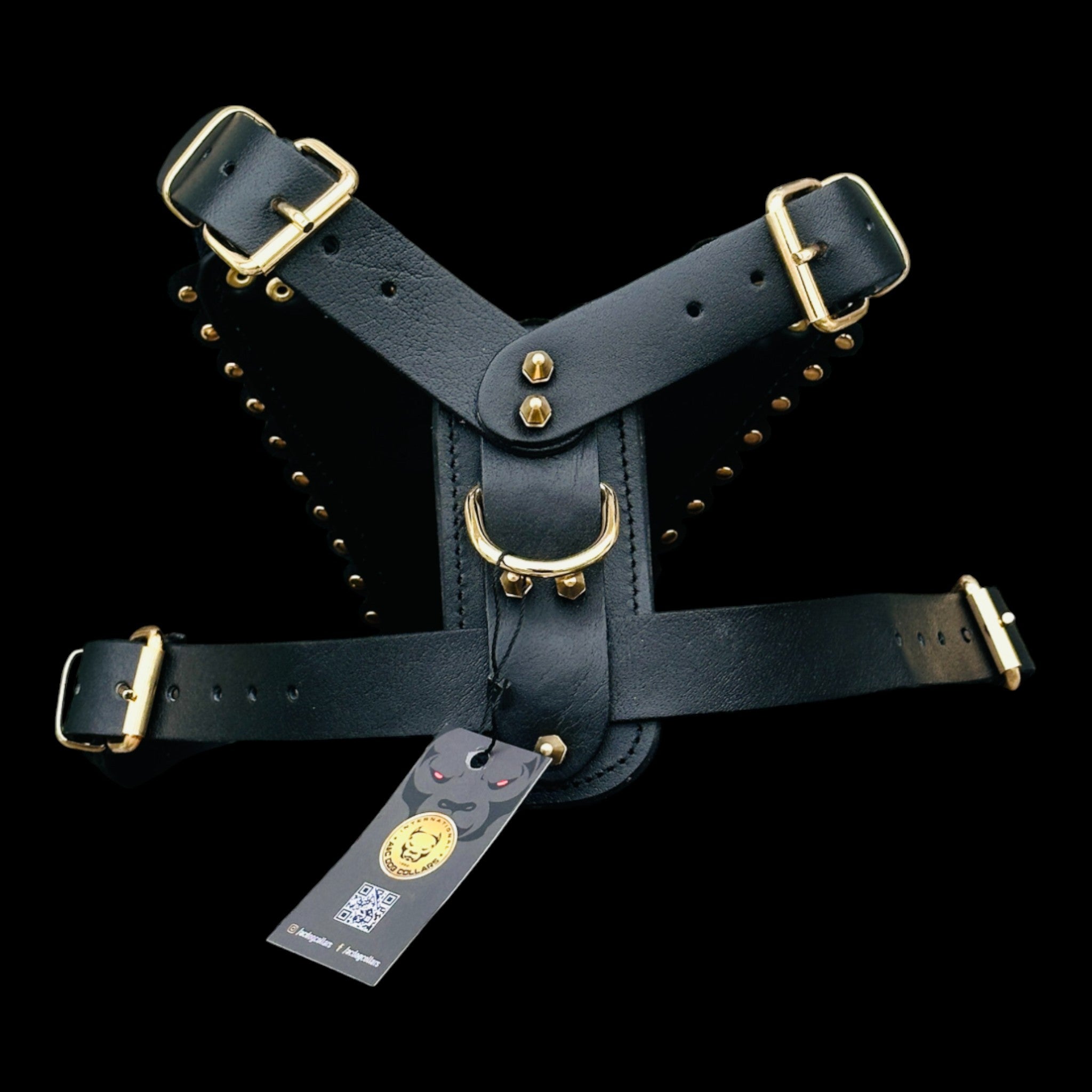 Luxury Handmade Dog Harness with Bully Head & Lion Logo – Black Leather, Gold Spikes, Heavy Duty for Large Breeds - A&C Dog Collars