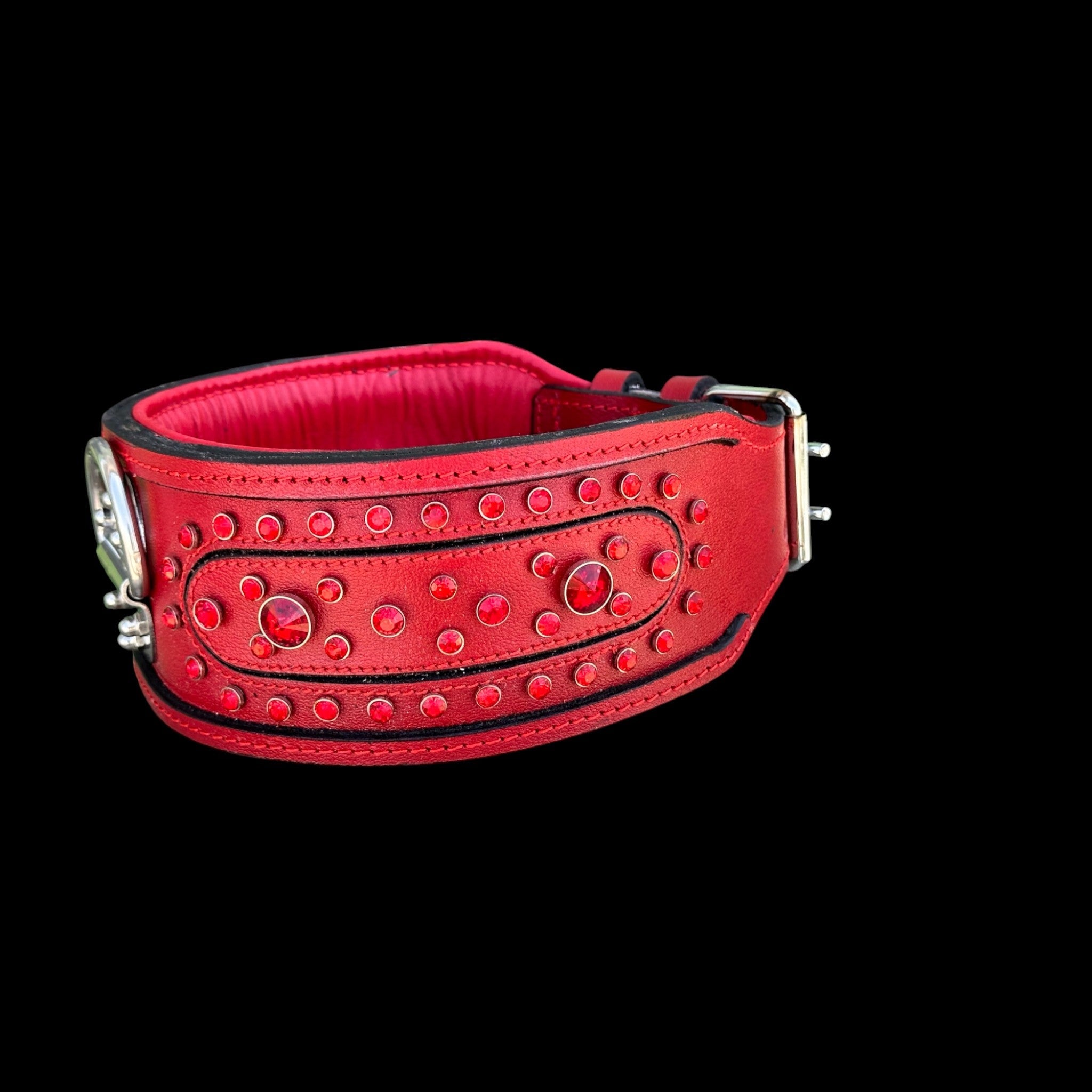 Handcrafted Red Leather Dog Collar – Wide & Thick Crystal Studded - A&C Dog Collars